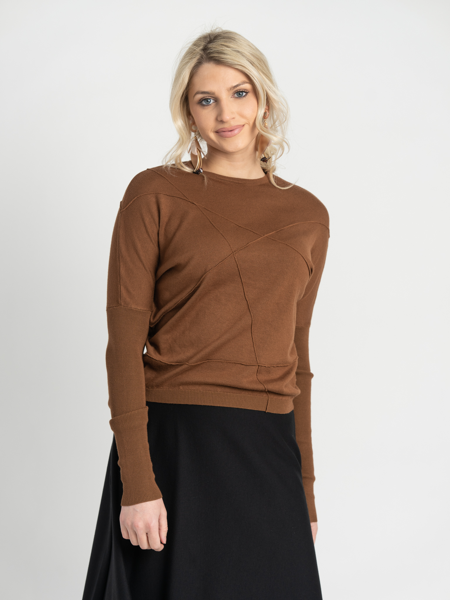 Ribbed Dolman Knit Top With Pinched Seams