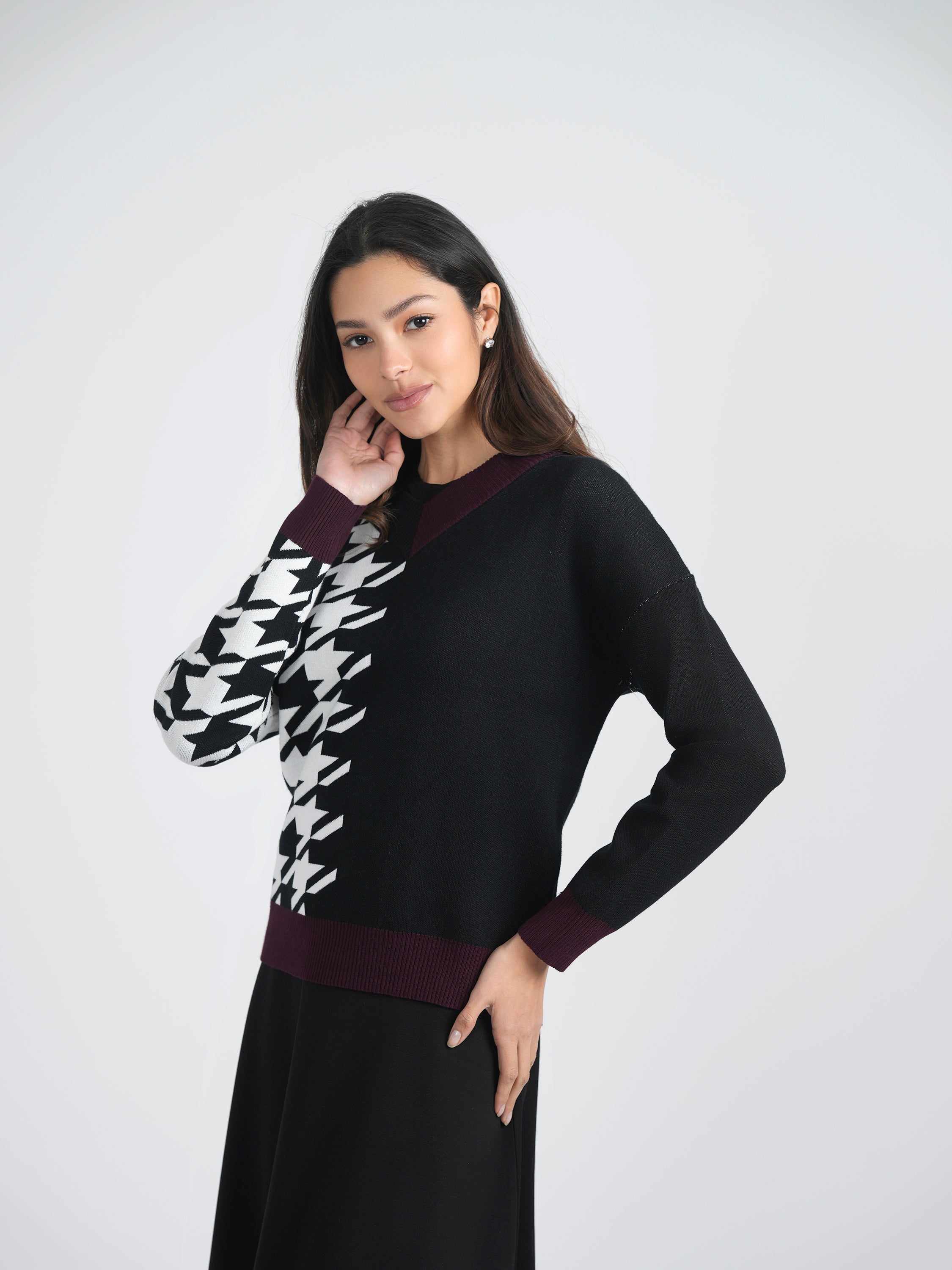 Houndstooth Color Blocked Sweater