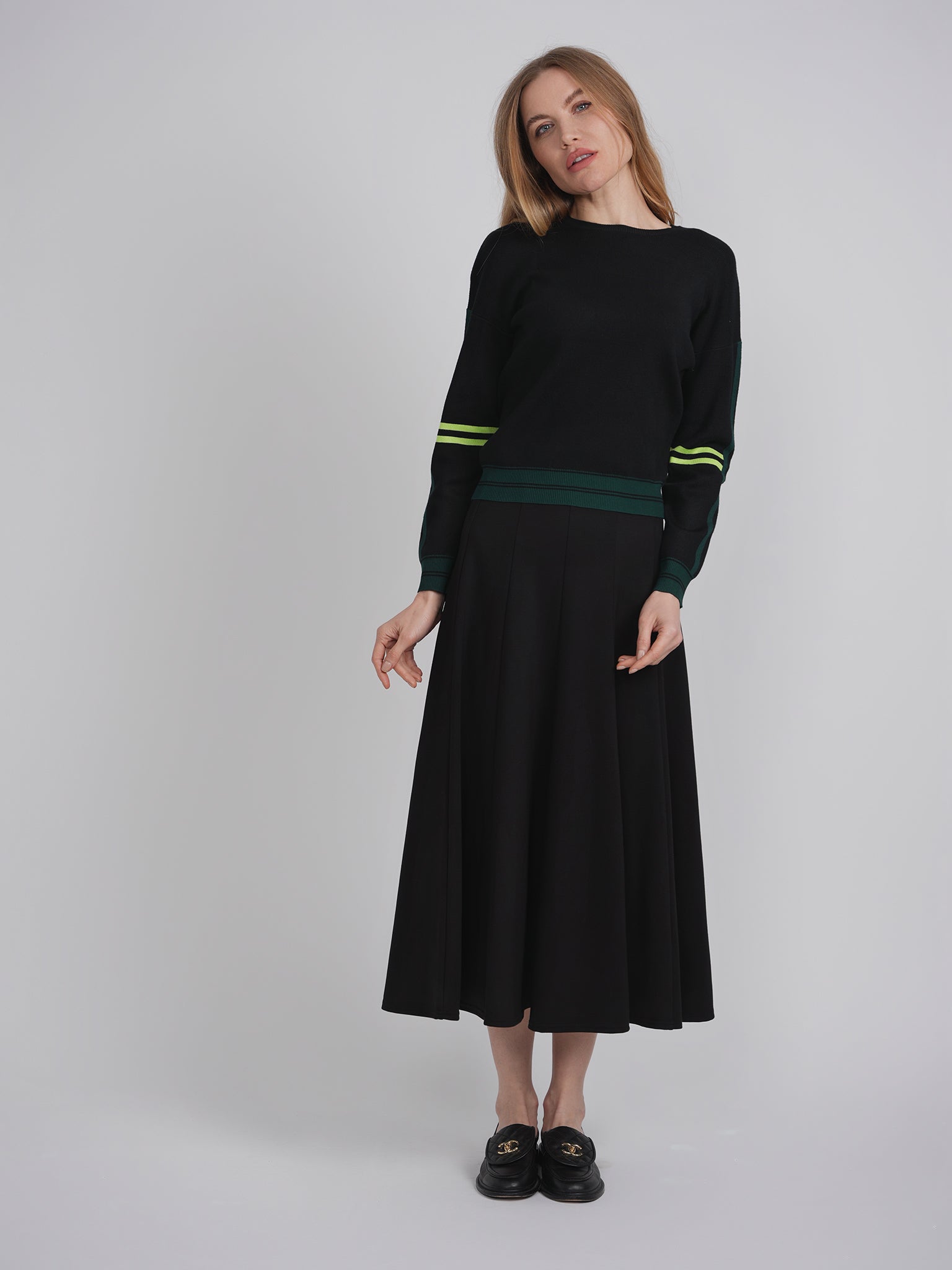 Knit  Stripped Sleeve Drop Shoulder Sweater