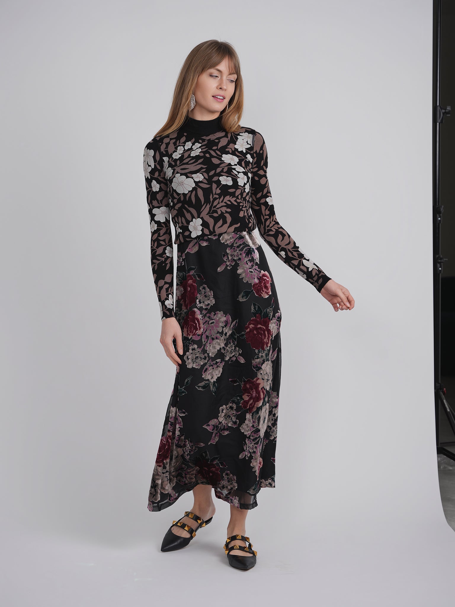 Printed Shirred Mock Neck Sweater