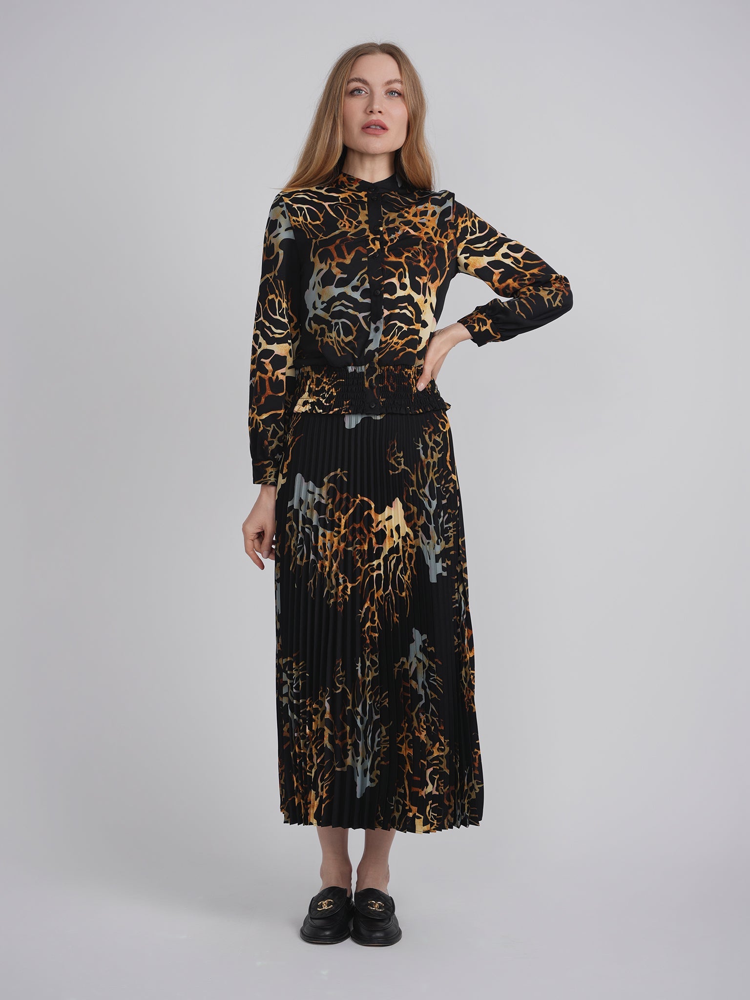 Printed Chiffon Ruched Blouse