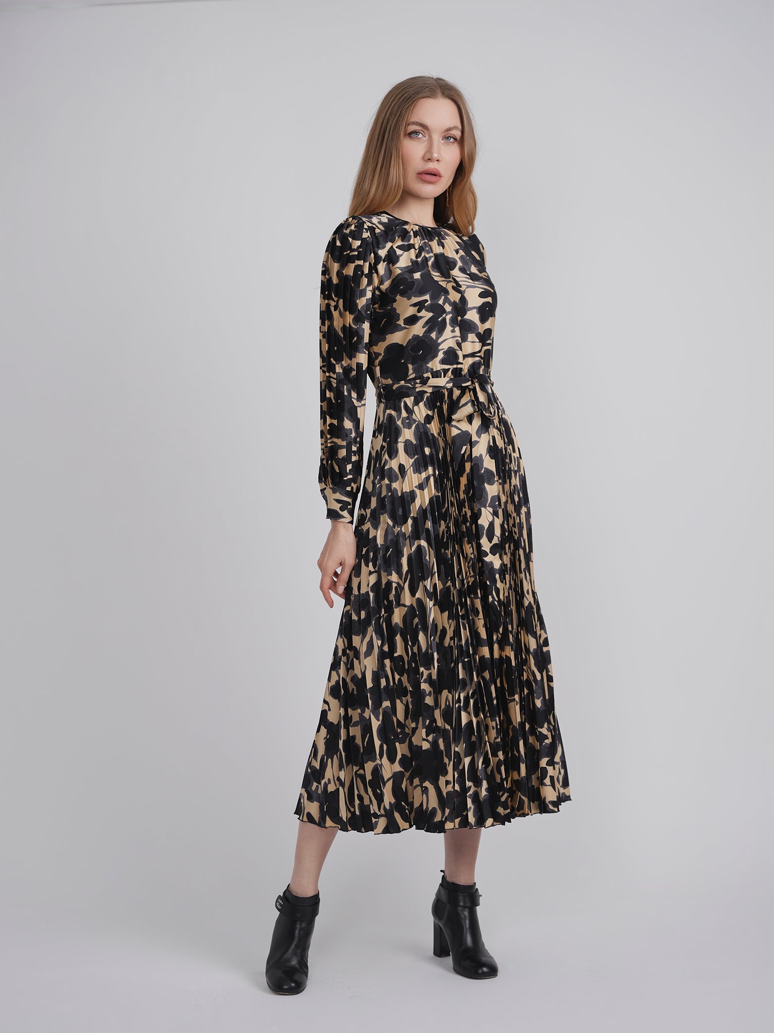 Satin Mosaic Pleated Midi Dress