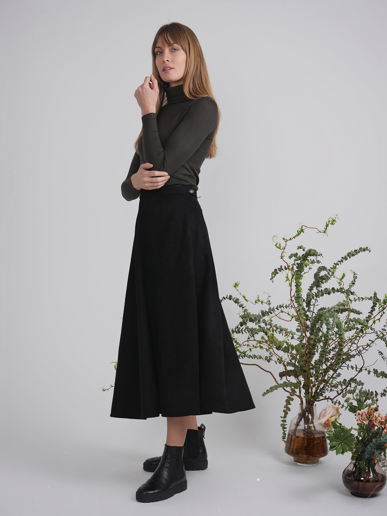 Midi A Line Suede Skirt