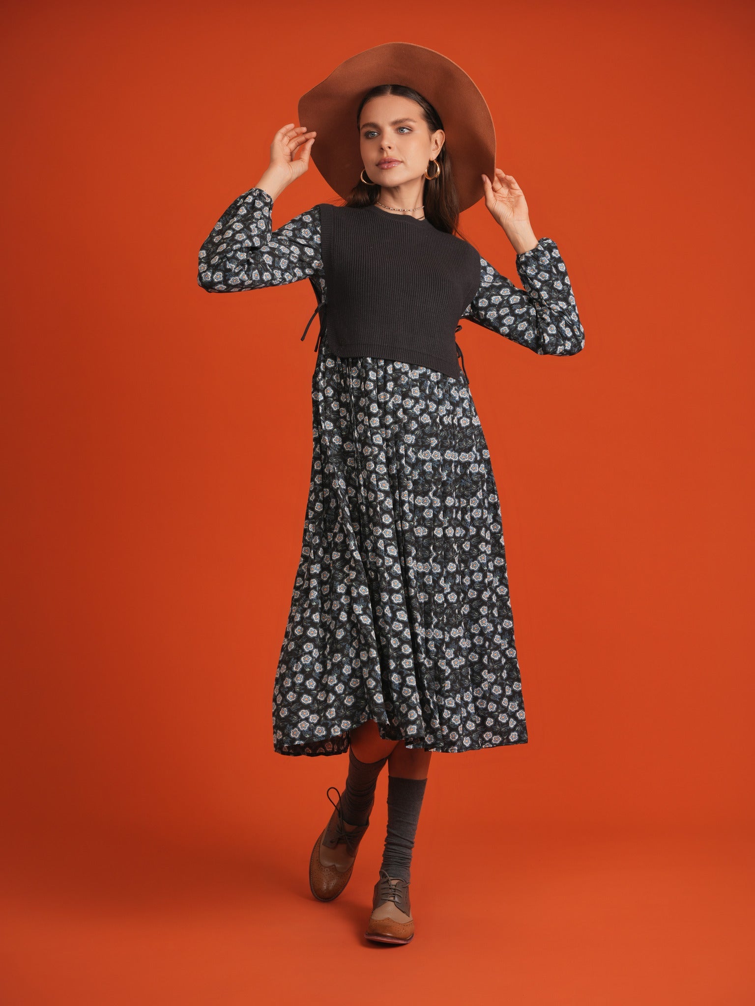 Midi Printed Dress with Knitted Vest