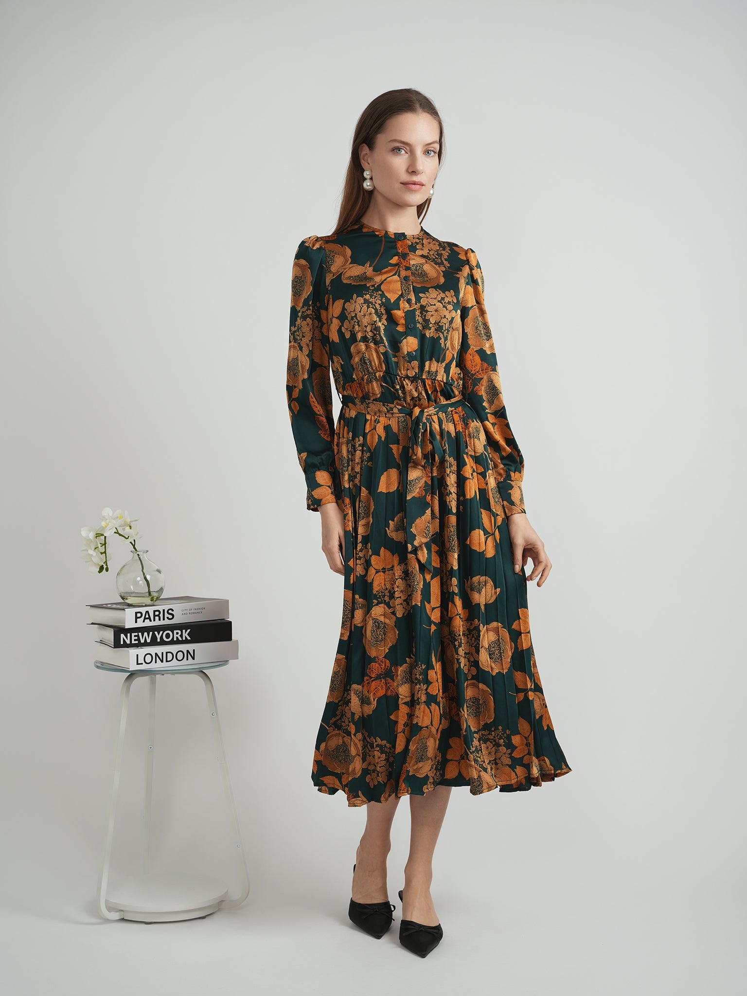 Printed Satin Accordian Pleated Dress
