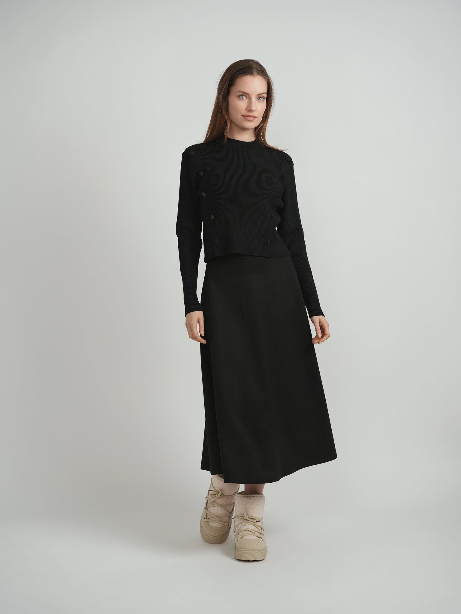 Cropped Ribbed Mock Neck Button Sweater