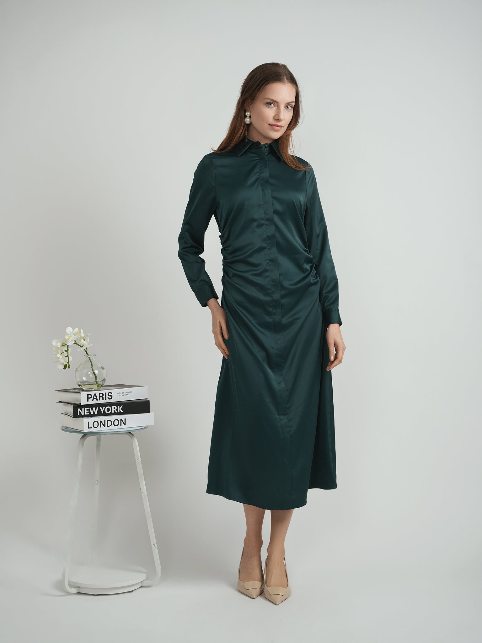 Satin Side Gathered Shirt Dress