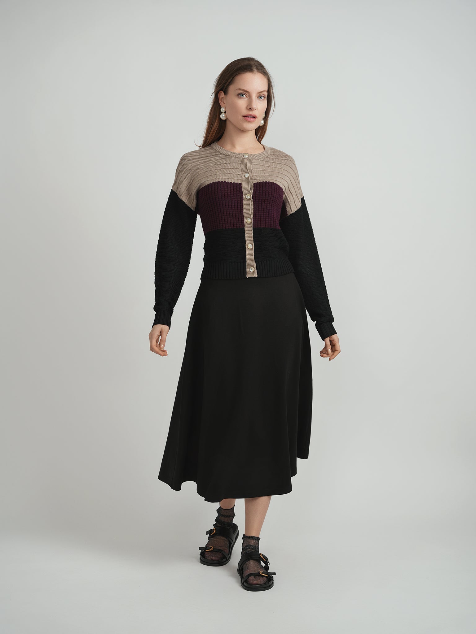 Cropped Knit Color Blocked Cardigan