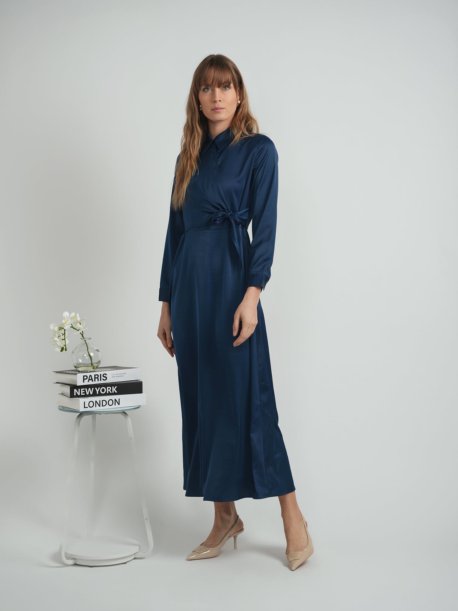 Maxi Satin Wrap Shirt Dress