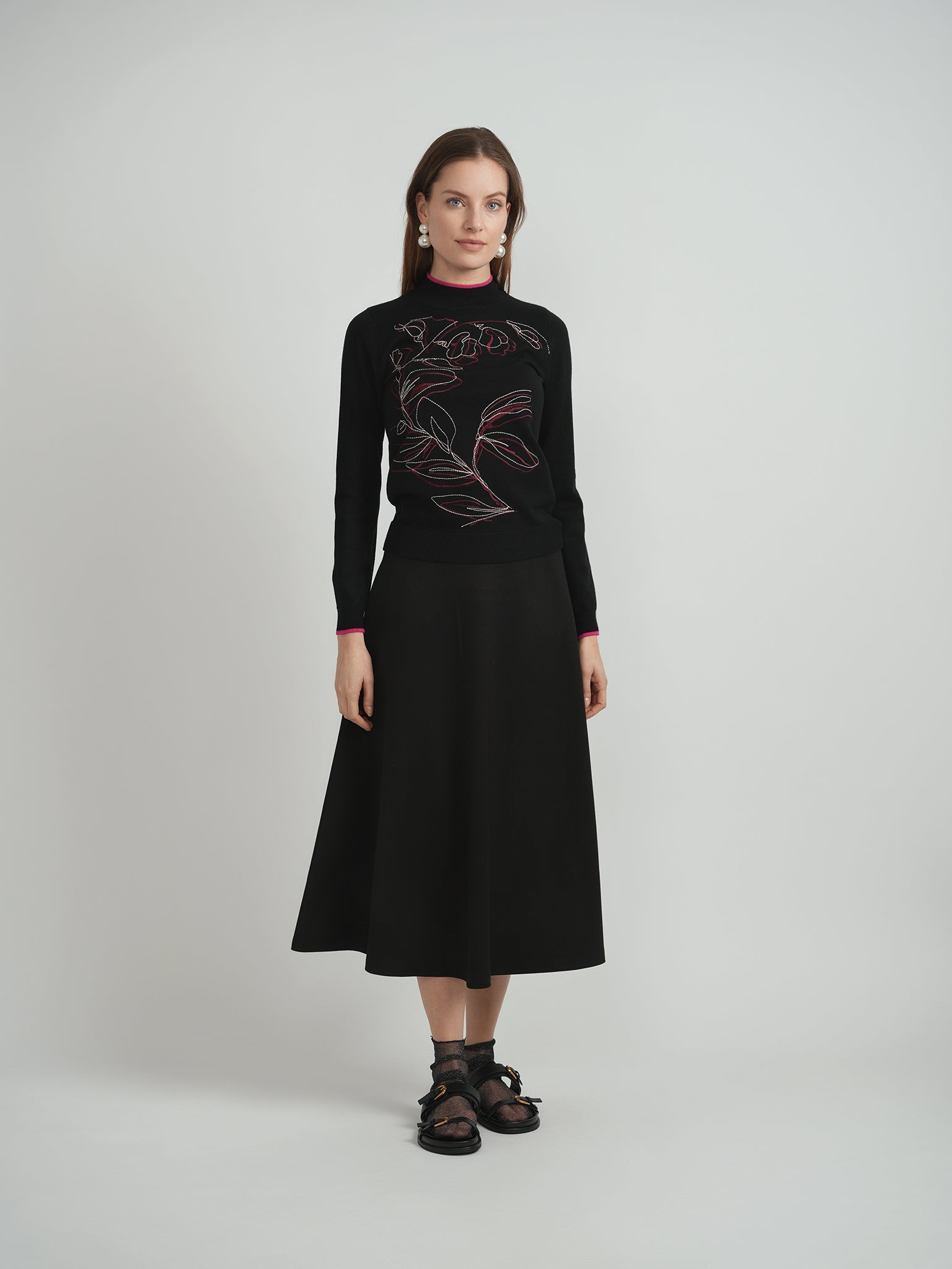 Printed Shirred Mock Neck Sweater