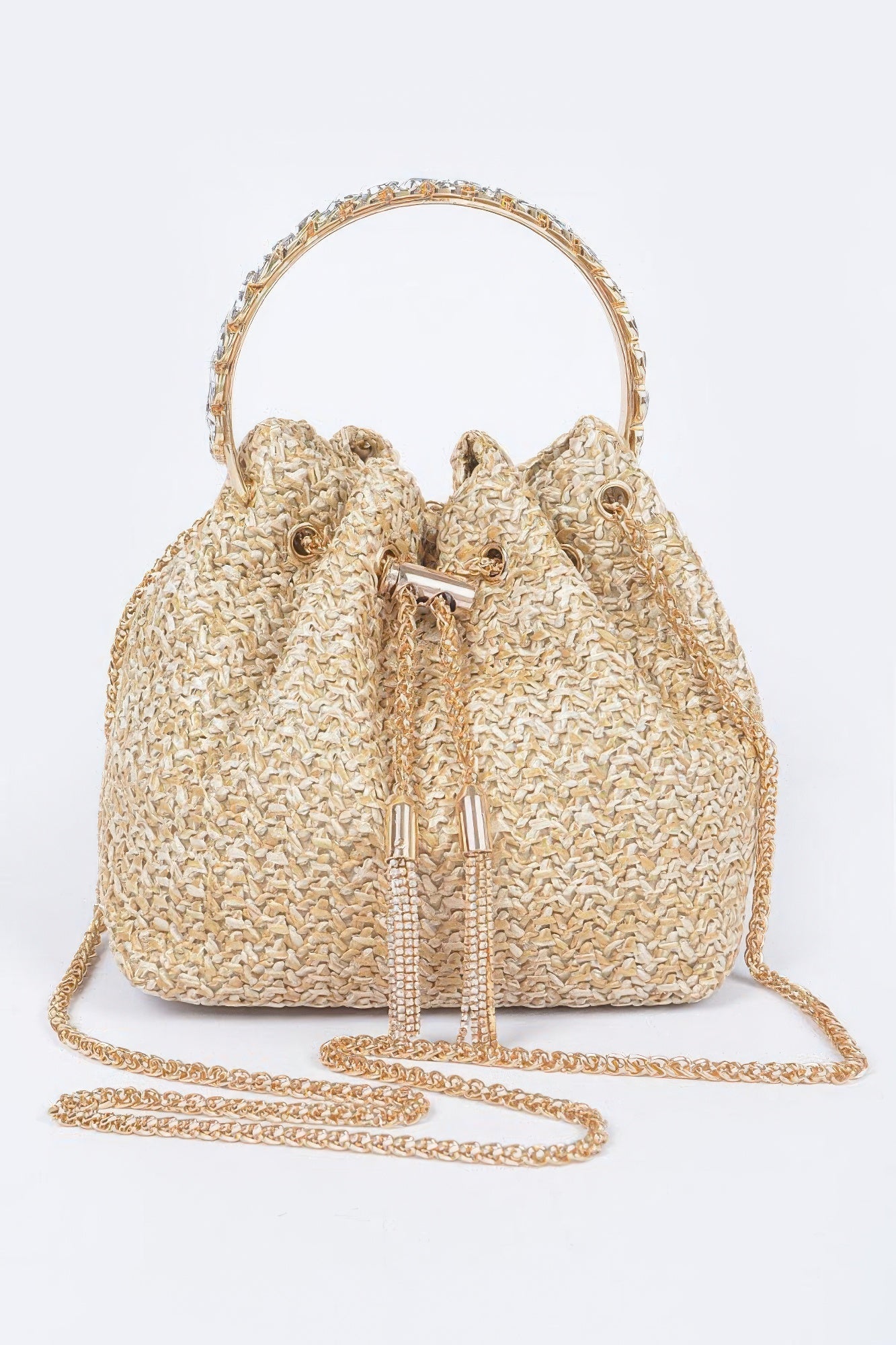 Faux Straw Bucket Bag W/stone Handle