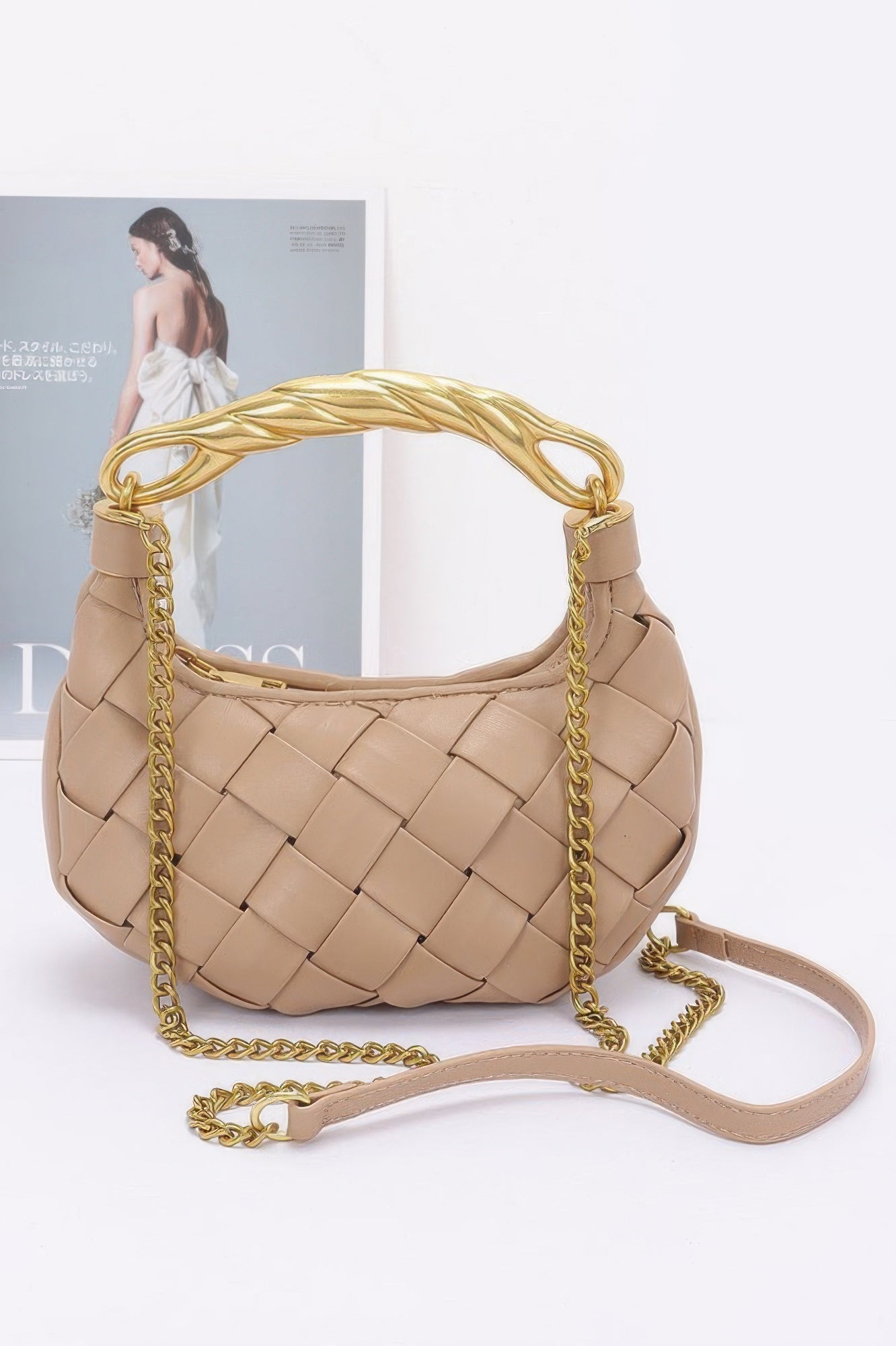 Faux Leather Braided Metal Handle Bag