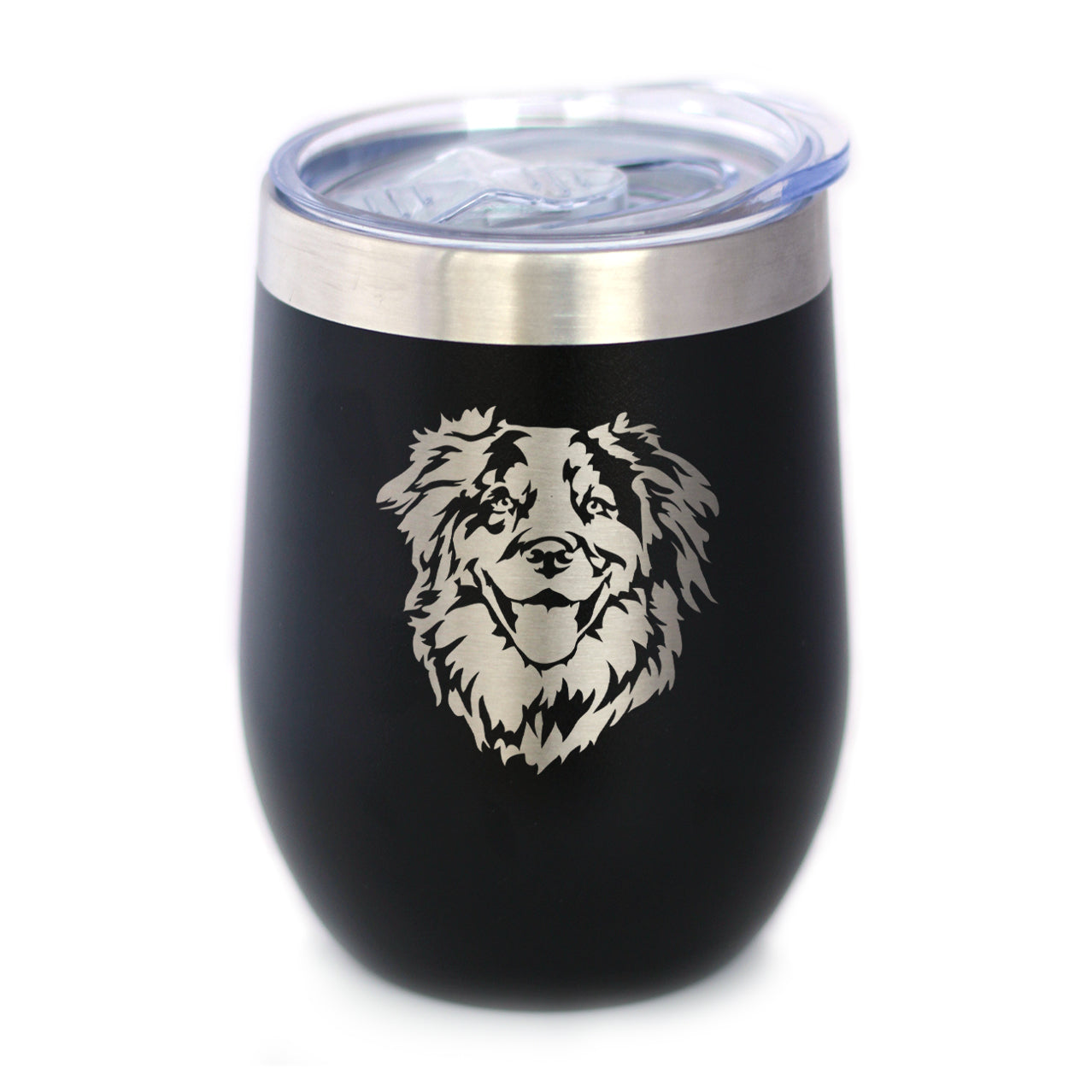 Australian Shepherd Face - Wine Tumbler Glass with Sliding Lid - Stainless Steel Insulated Mug - Unique Dog Gifts for Moms &amp;amp; Dads of Aussies