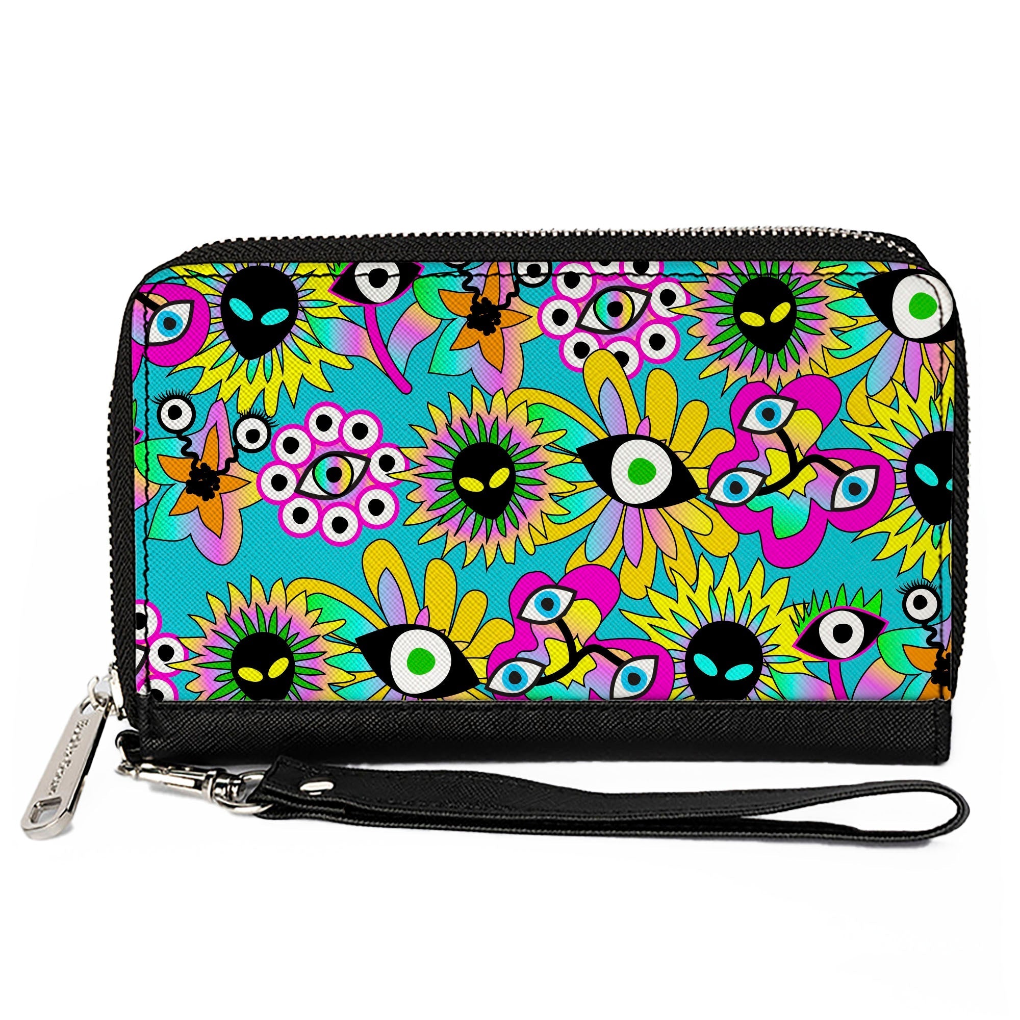 PU Zip Around Wallet Rectangle - Funky Alien Flowers Aqua Blue/Multi Color