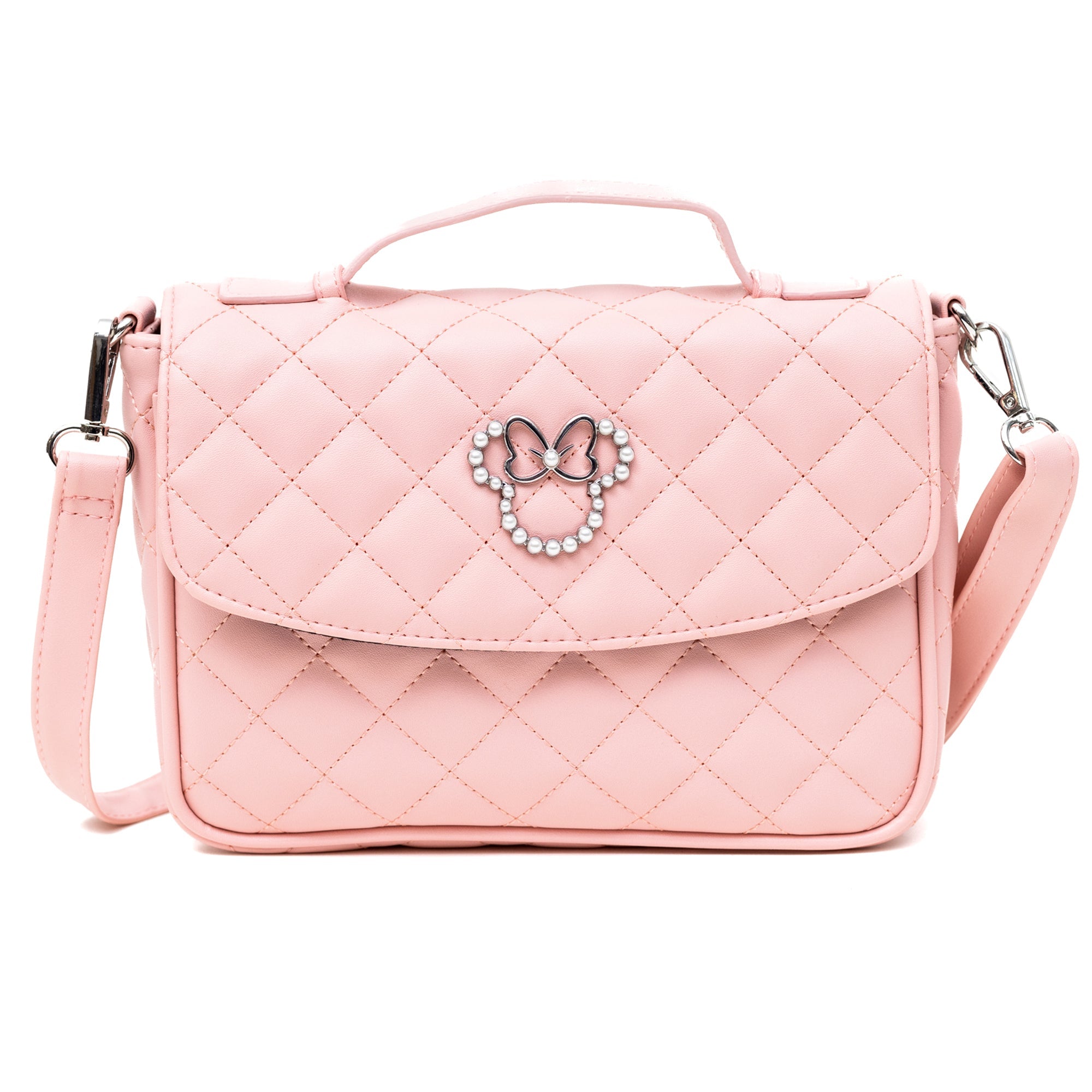 Disney Vegan Leather Fold Over Crossbody Bag for Women, Minnie Mouse Ears and Bow Icon with Mini Faux Pearls, Pink