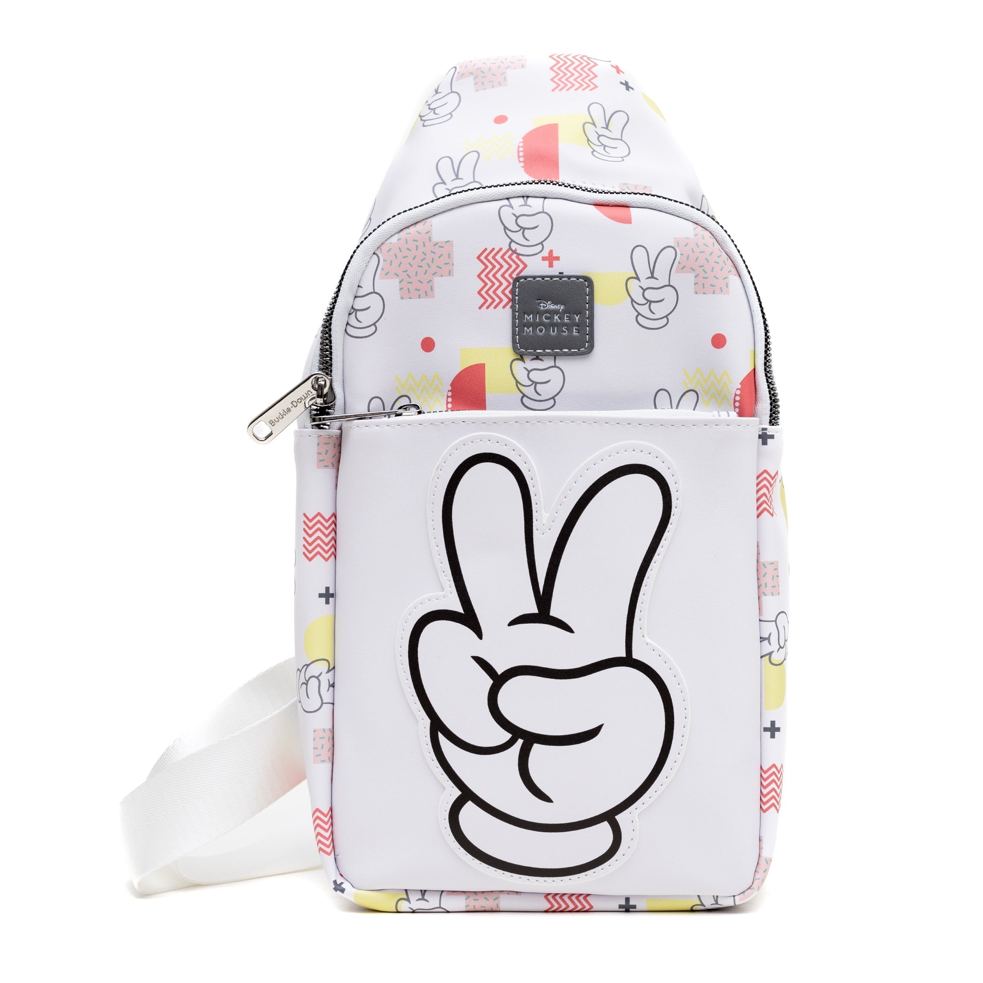 Disney Vegan Leather Crossbody Sling Bag, Mickey Mouse Peace Fingers Applique and Icons Collage, White, 7&amp;quot; x 14&amp;quot;