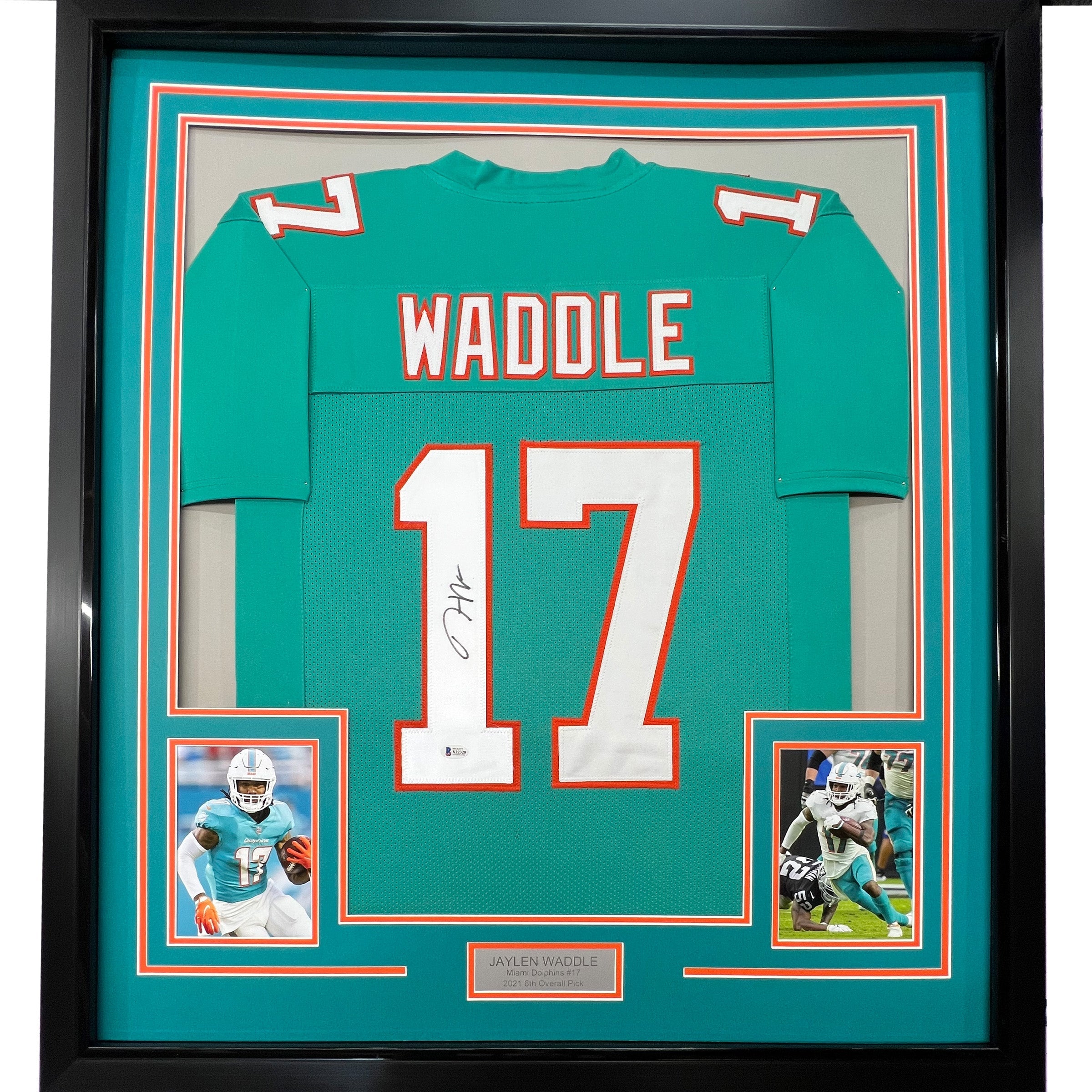 Framed Autographed/Signed Jaylen Waddle 35x39 Miami Teal Football Jersey Beckett BAS COA
