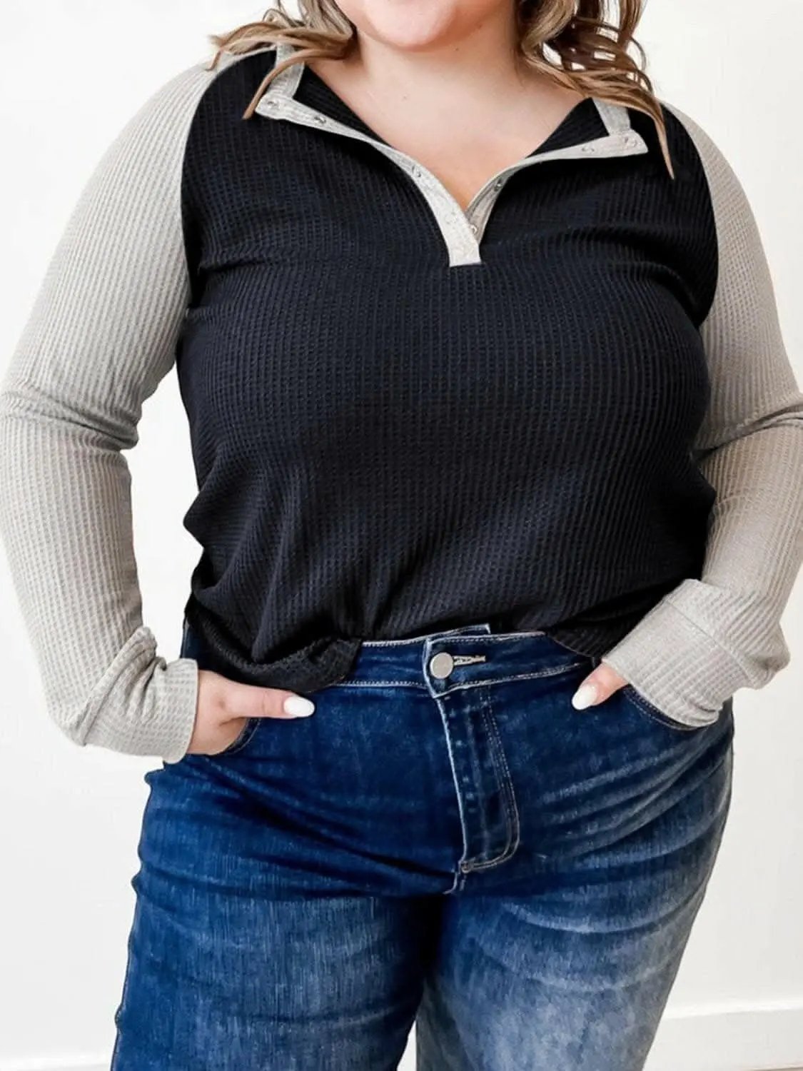Trendsi Waffle-knit plus size long sleeve top