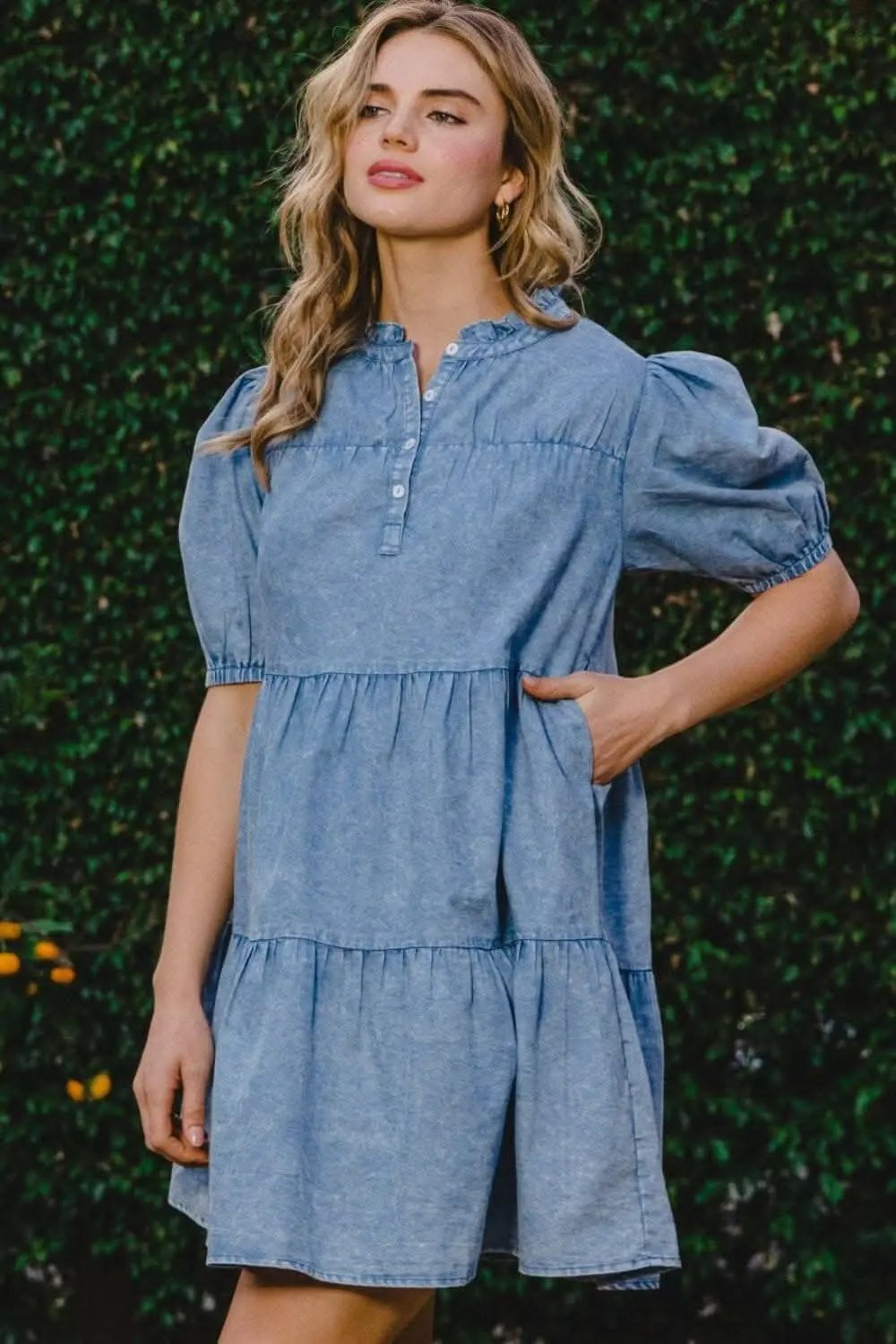 Washed Denim Mini Dress Women&amp;#39;s Casual Tiered Dress w/ Pockets