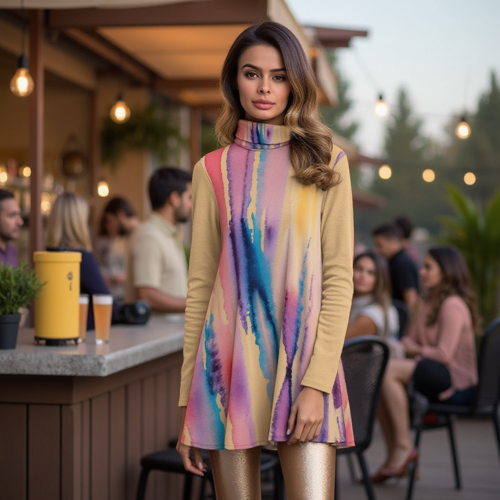 Watercolor Drip Women&amp;#39;s High Neck Dress With Long Sleeves