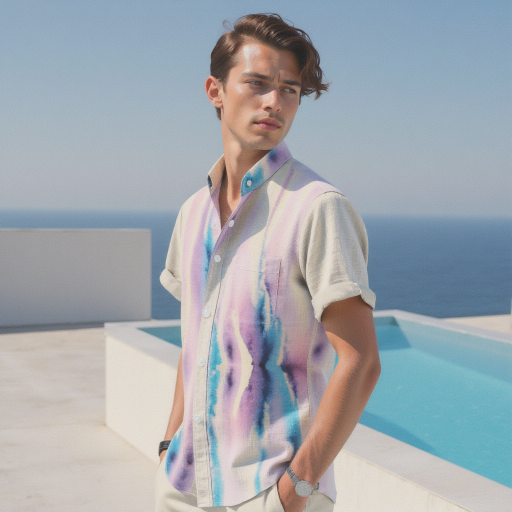 Watercolor Drip Print Men&amp;#39;s Stand Collar Shirt
