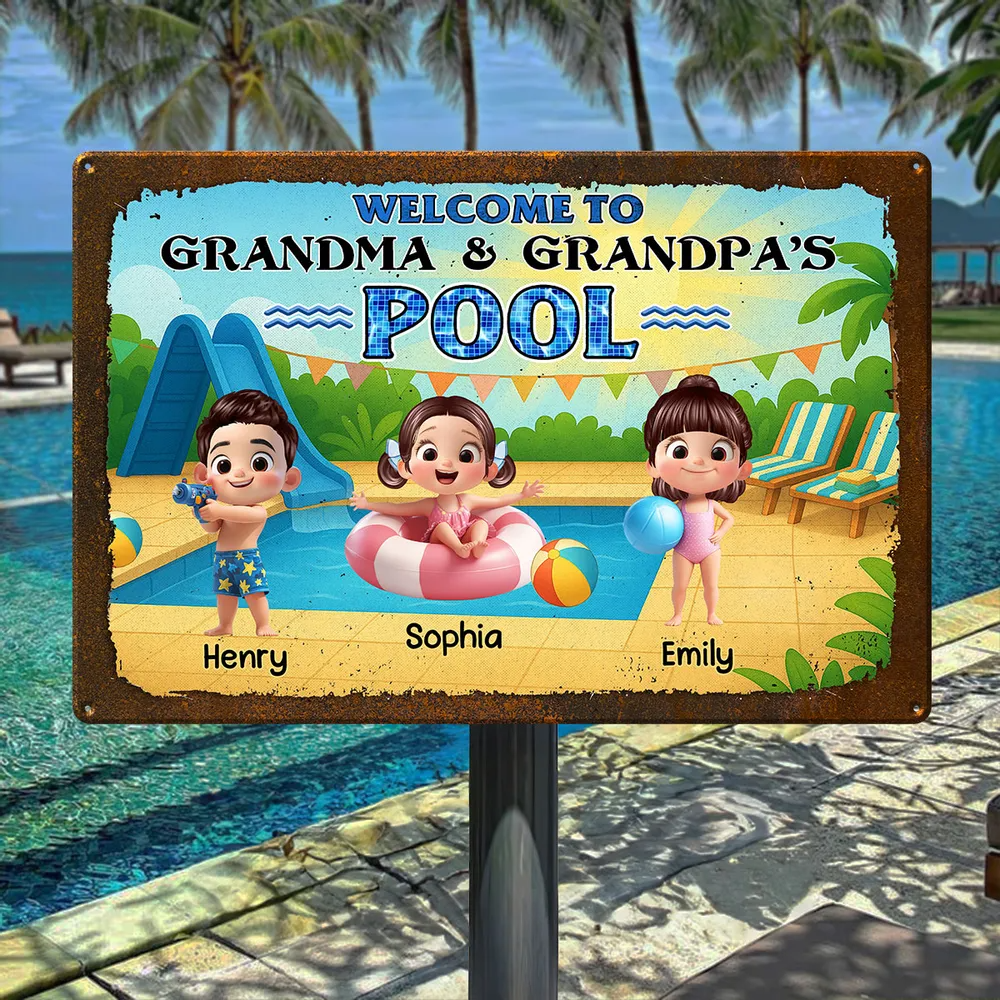 Welcome to Grandma & Grandpa's Pool - Personalized Metal Sign - Gift For Dad, Mom, Grandpa, Grandma
