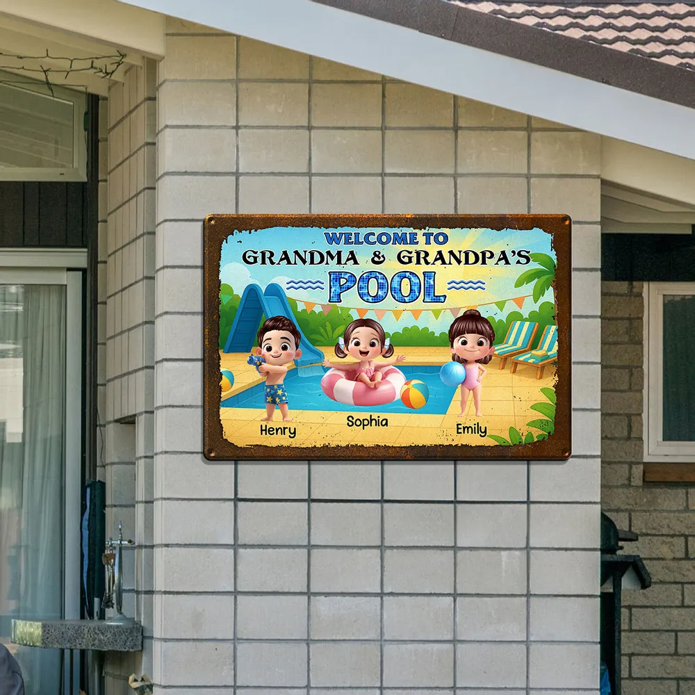 Welcome to Grandma & Grandpa's Pool - Personalized Metal Sign - Gift For Dad, Mom, Grandpa, Grandma