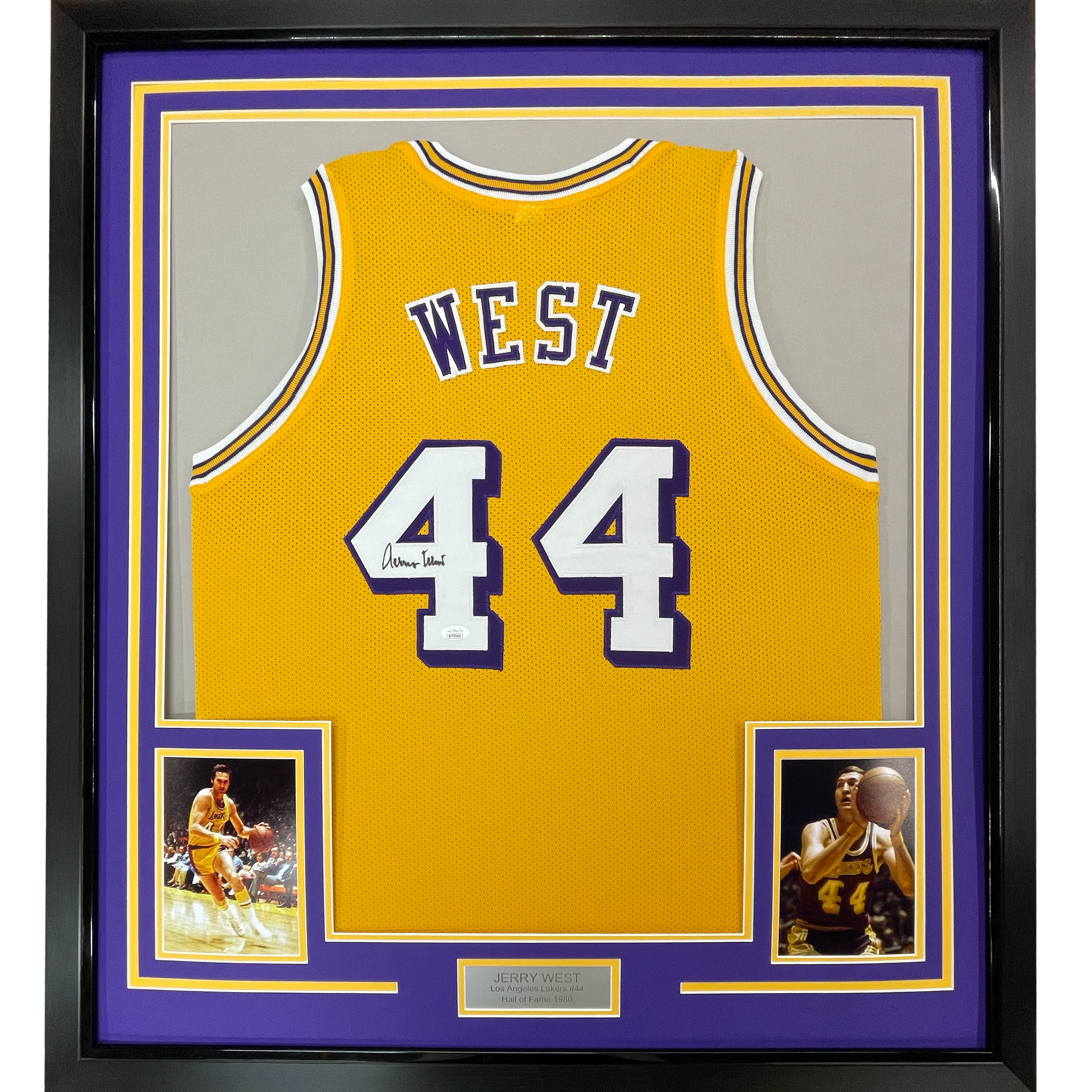 Framed Autographed/Signed Jerry West 35x39 Los Angeles LA Yellow Basketball Jersey JSA COA