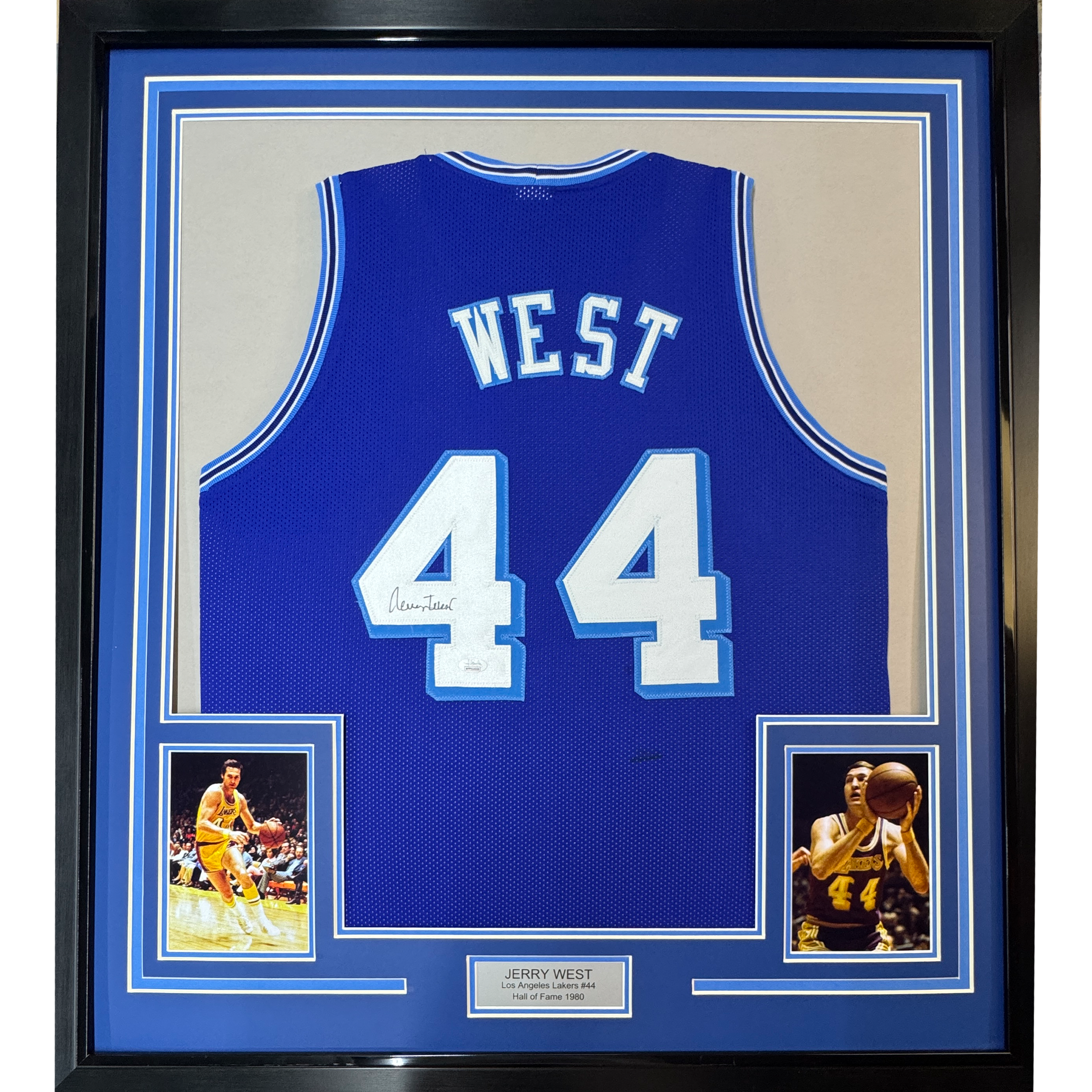 Framed Autographed/Signed Jerry West 35x39 Los Angeles LA Blue Retro Basketball Jersey JSA COA