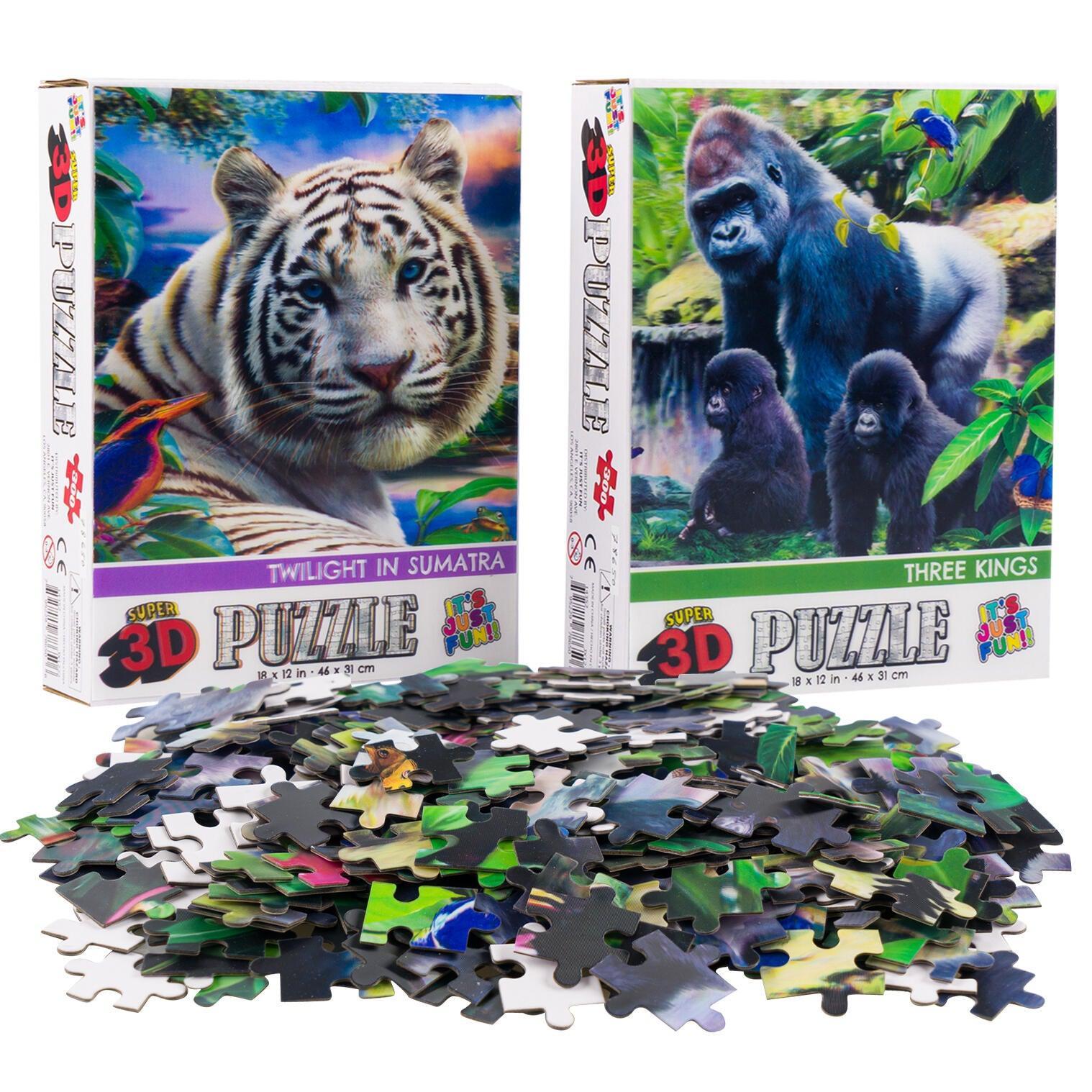 White Tiger &amp;amp; Gorillas Set of 2 300 Piece Lenticular Jigsaw Puzzles Prime 3D