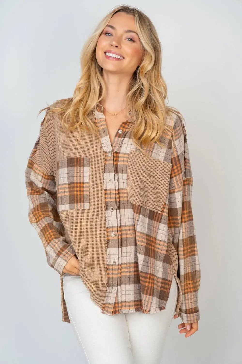 White Birch Plaid Shirt Women&amp;#39;s Casual Button Down Top USA Shipped