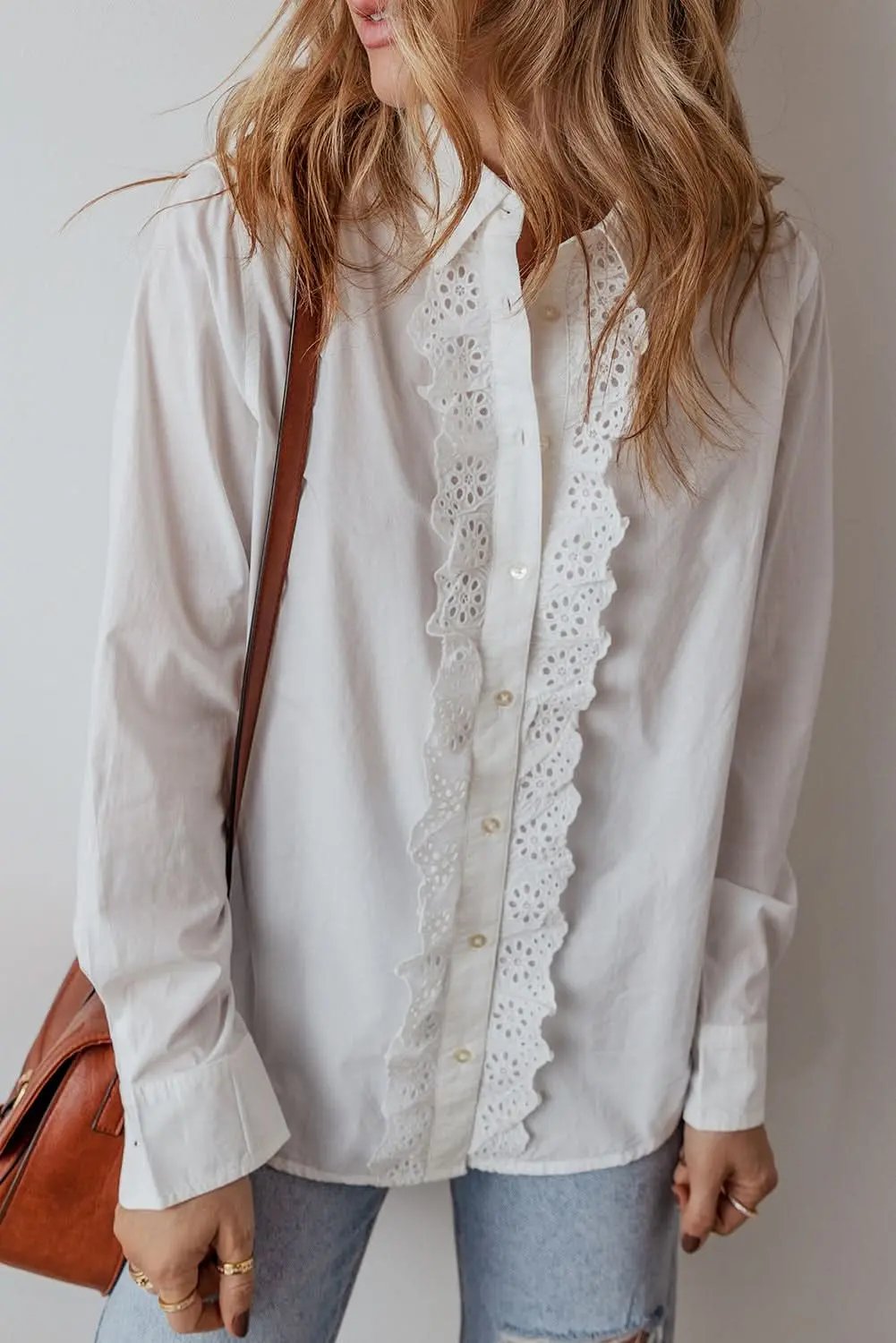 Love Salve White Lace Shirt Women&amp;#39;s Daily Top Buttoned Blouse Cotton Linen