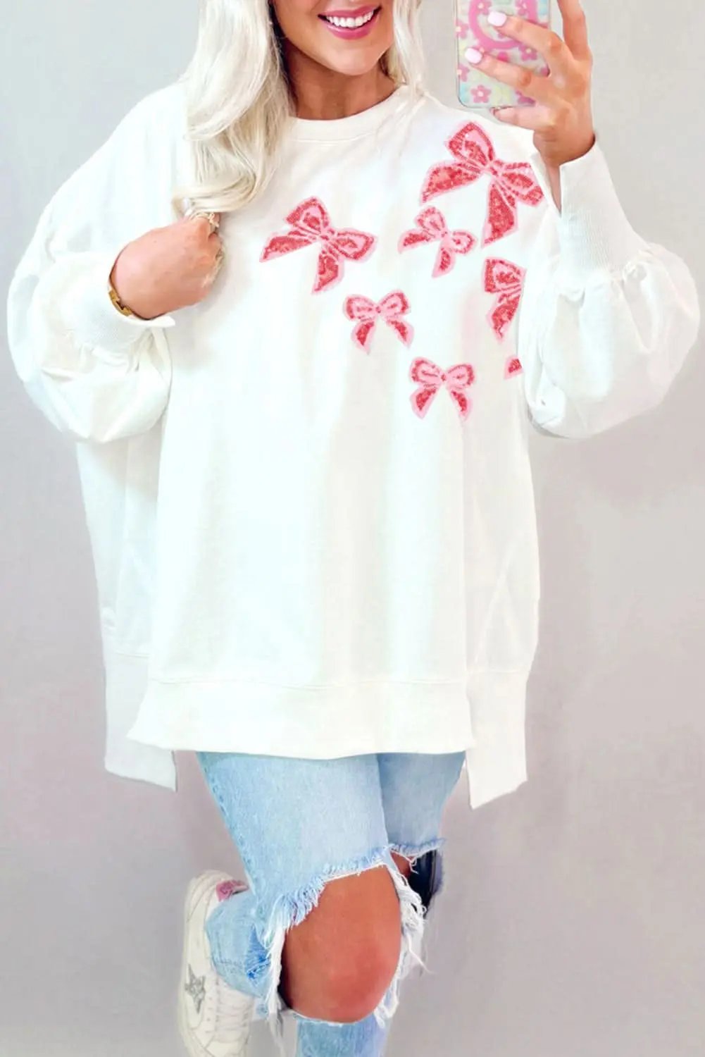 Love Salve White Sequin Bow Sweatshirt Women&amp;#39;s Daily Oversized Pullover - Cute &amp;amp; Comfy