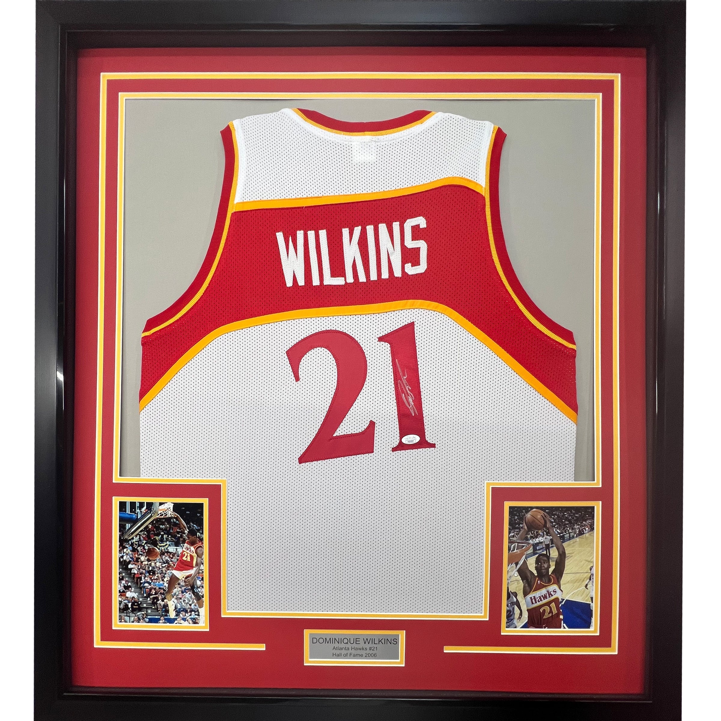 Framed Autographed/Signed Dominique Wilkins 35x39 Atlanta White Basketball Jersey PSA/DNA COA