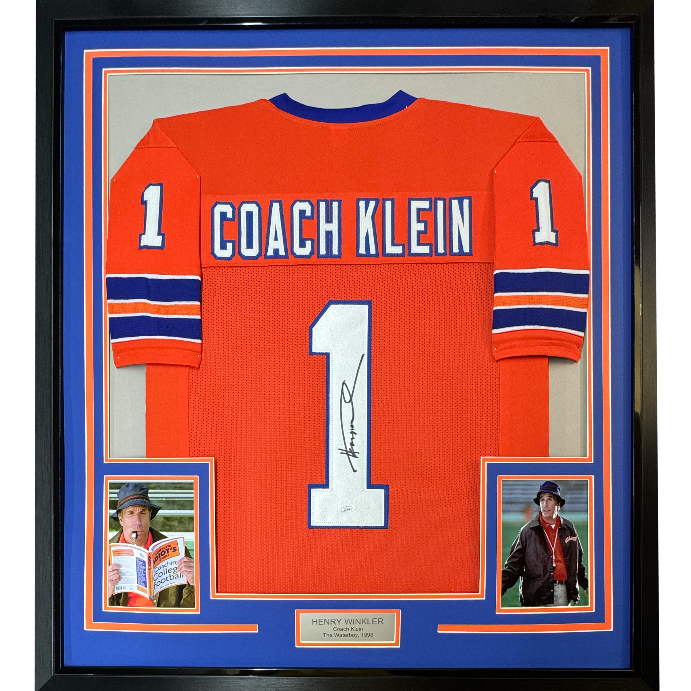 Framed Autographed/Signed Henry Winkler Coach Klein 35x39 The Waterboy SCLSU Mud Dogs Orange Football Jersey JSA COA