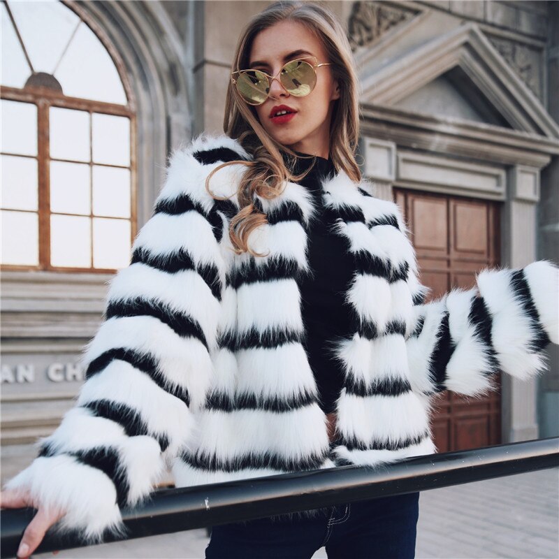 Winter Black &amp;amp; White Striped Faux Fur Coat
