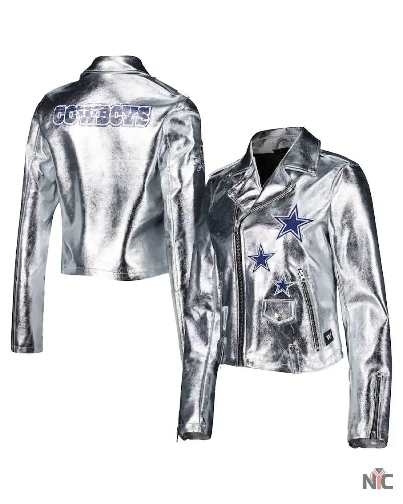 Women’s Dallas Cowboys The Wild Collective Silver Studded Full-Zip Leather Jacket