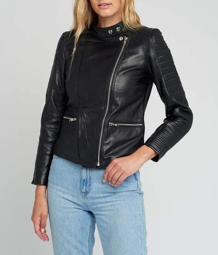 Women’s Black Quilted Standing Collar Leather Jacket