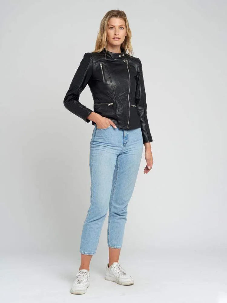 Women’s Black Quilted Standing Collar Leather Jacket