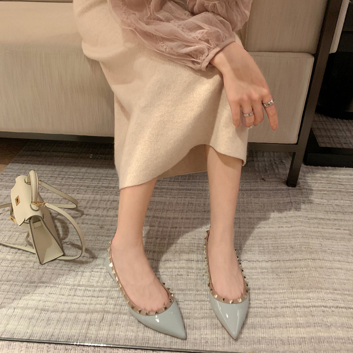 Women&#39;s Genuine Calfskin Leather Pointed Toe Studded Flats | ZAKAPOP