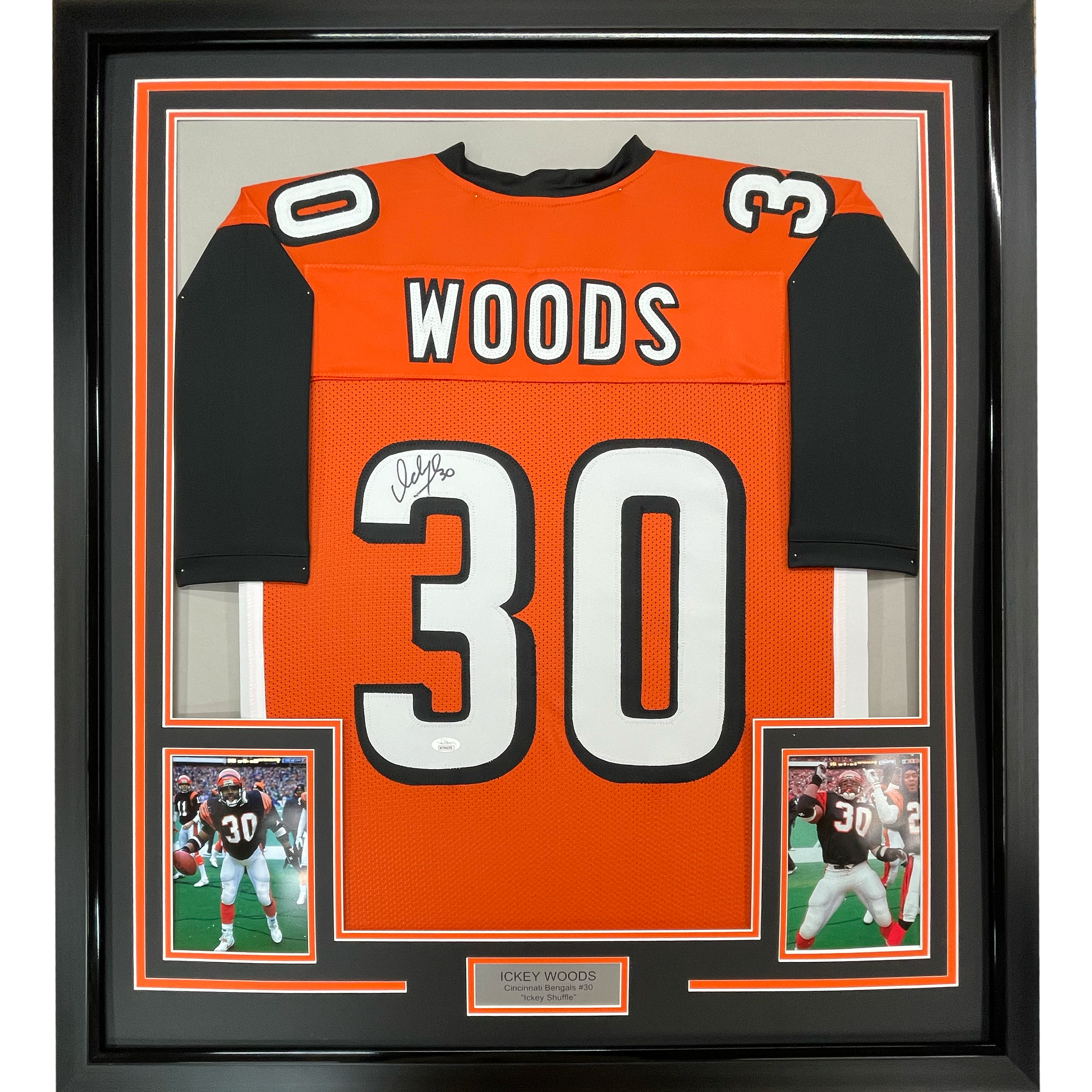 Framed Autographed/Signed Ickey Woods 35x39 Cincinnati Orange Football Jersey JSA COA