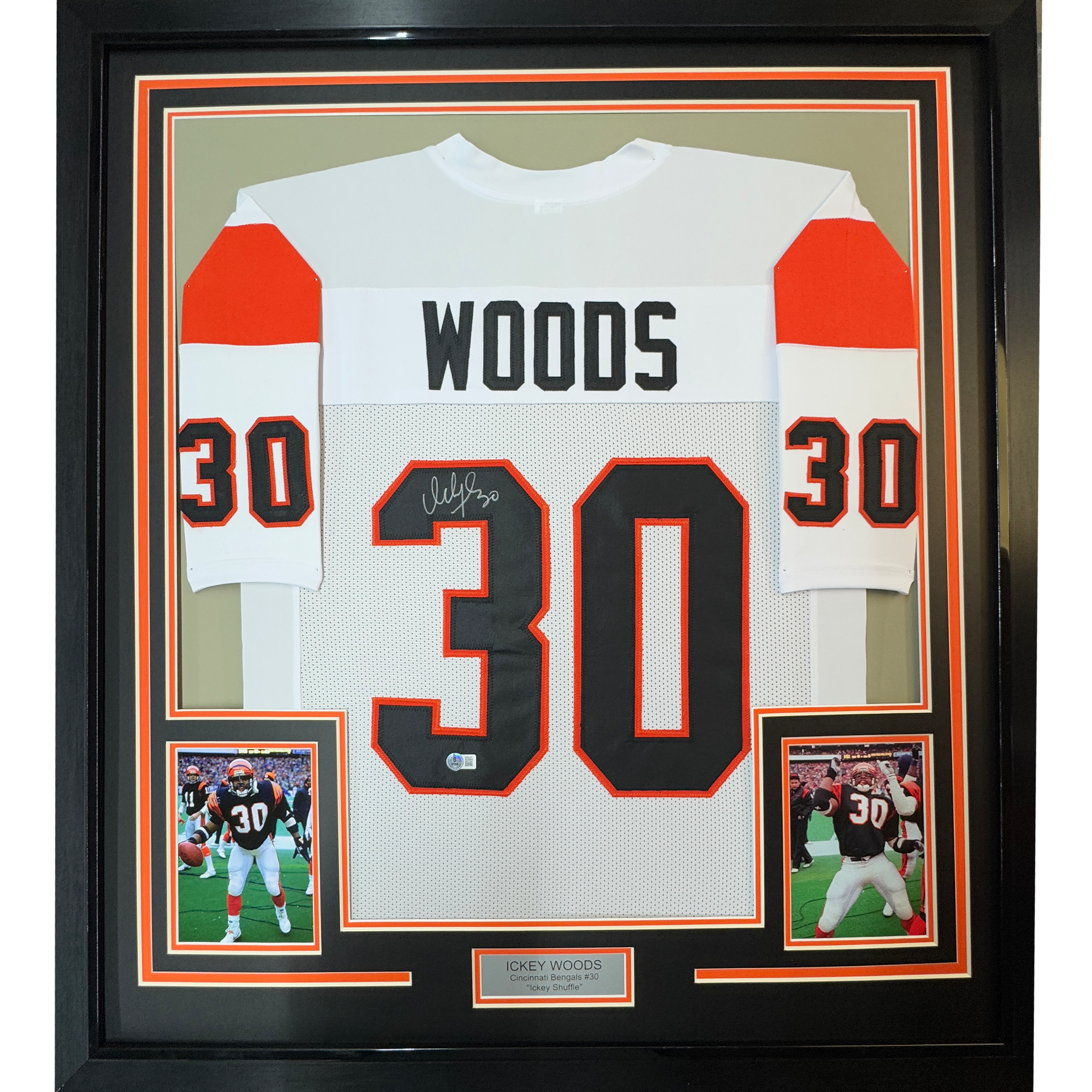 Framed Autographed/Signed Ickey Woods Who Dey 35x39 Cincinnati White Football Jersey JSA COA