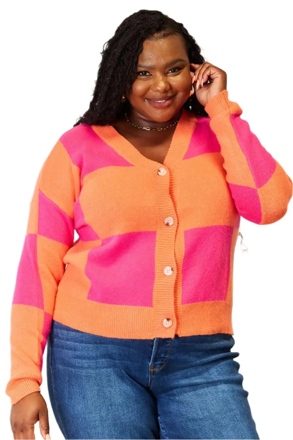 Trendsi Woven right checkered cardigan