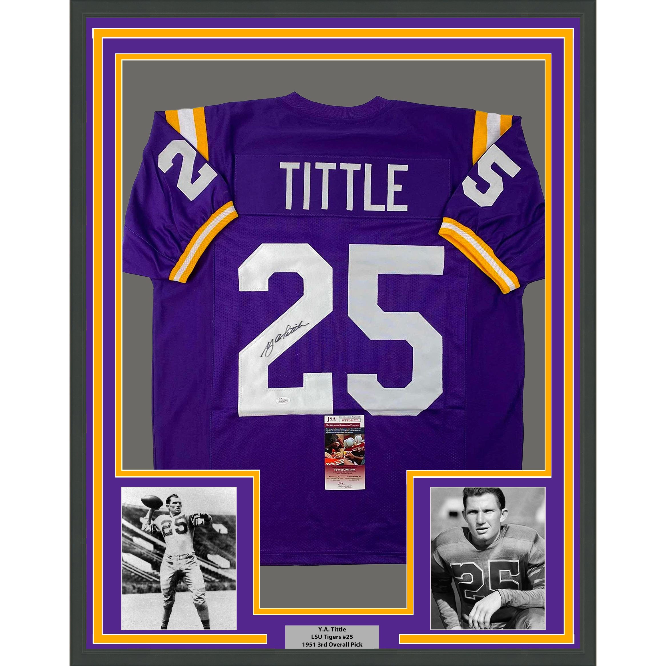 Framed Autographed/Signed YA Y.A. Tittle 35x39 LSU Purple College Football Jersey JSA COA