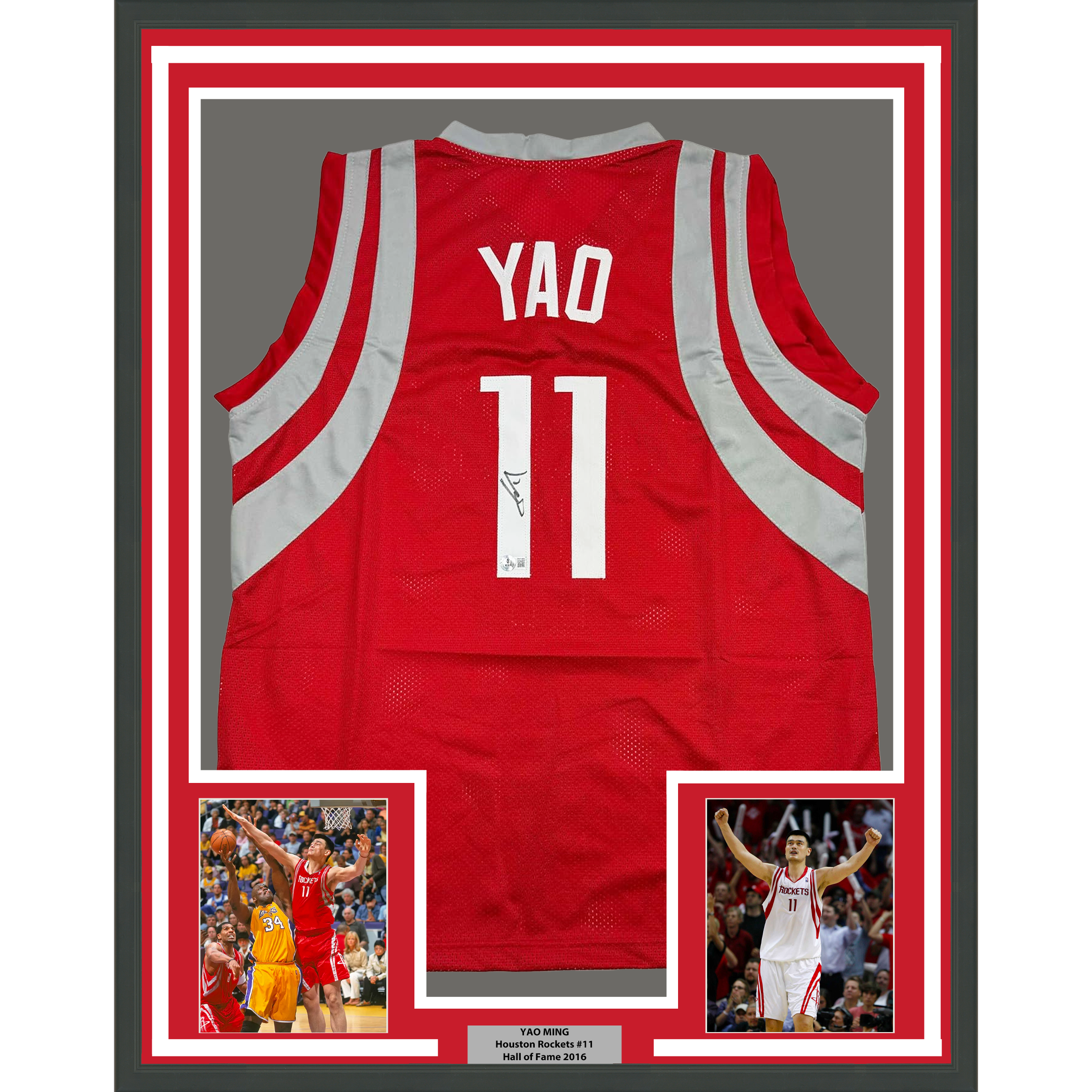 Framed Autographed/Signed Yao Ming 35x39 Houston Red Basketball Jersey Beckett BAS COA