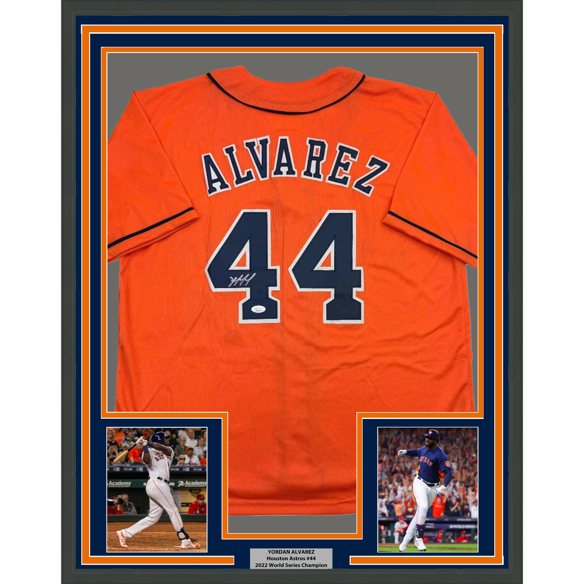Framed Autographed/Signed Yordan Alvarez 35x39 Houston Orange Baseball Jersey JSA COA
