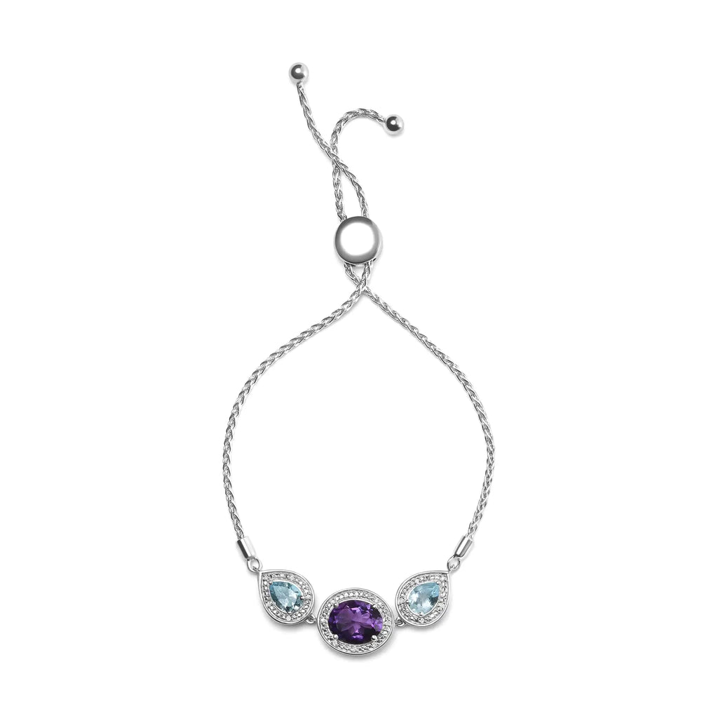 Style Loft Collection Oval Amethyst and Pear Blue Topaz .925 Sterling Silver with Diamond Accent Lariat 4”-10” Adjustable Bolo Bracelet (H-I Color, SI1-SI2 Clarity)