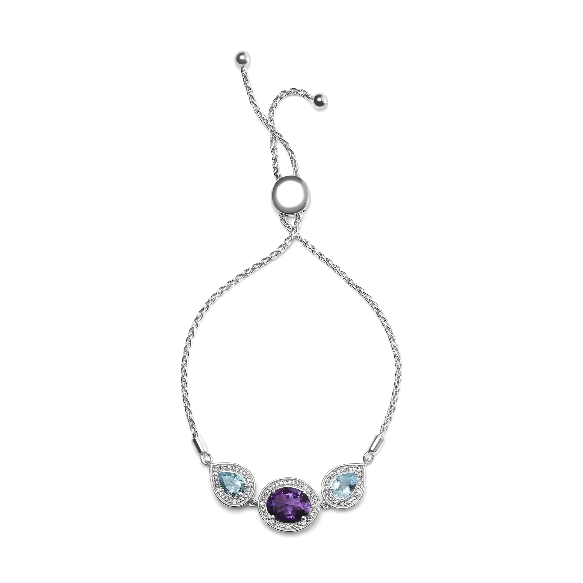 Style Loft Collection Oval Amethyst and Pear Blue Topaz .925 Sterling Silver with Diamond Accent Lariat 4”-10” Adjustable Bolo Bracelet (H-I Color, SI1-SI2 Clarity)