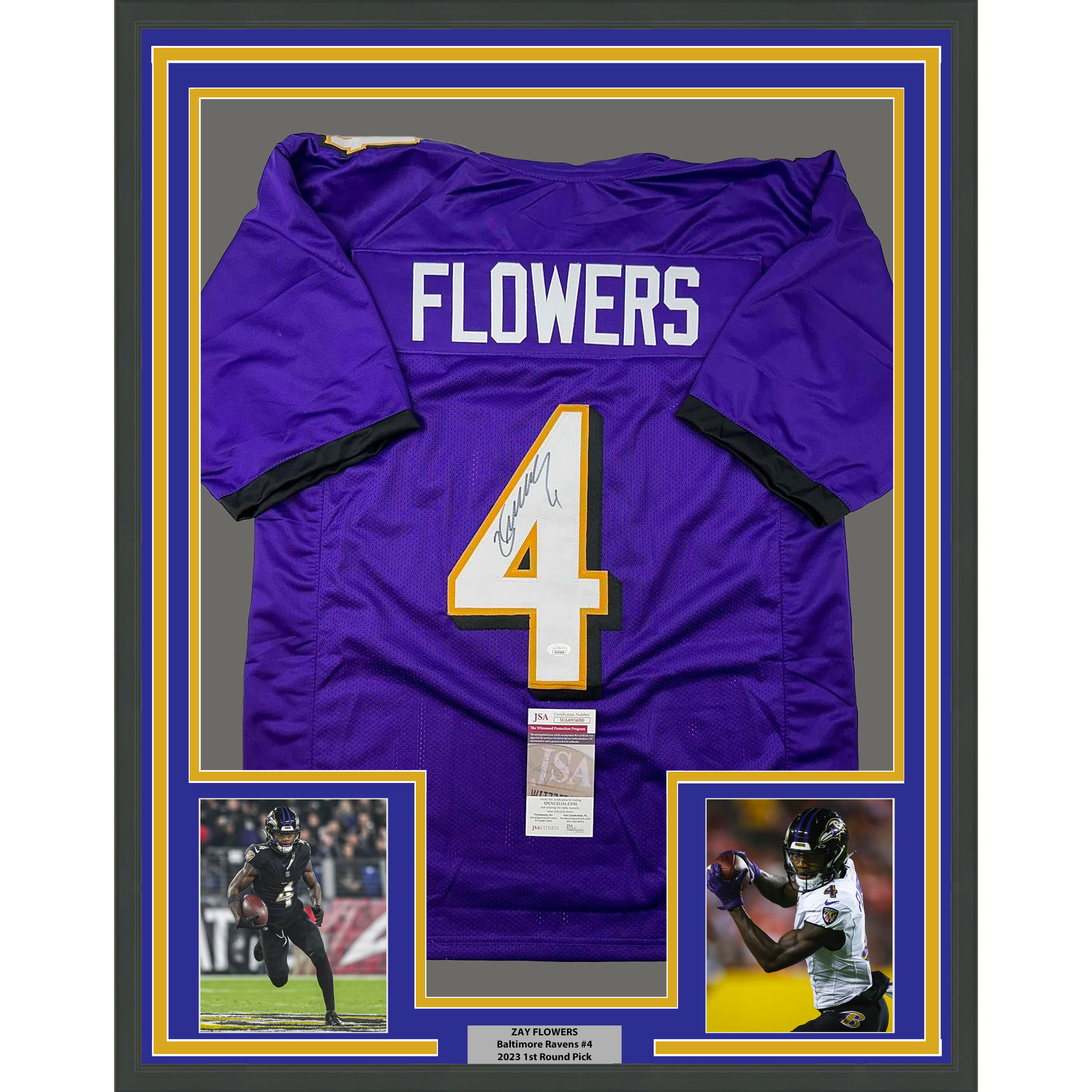 Framed Autographed/Signed Zay Flowers 35x39 Baltimore Purple Football Jersey JSA COA