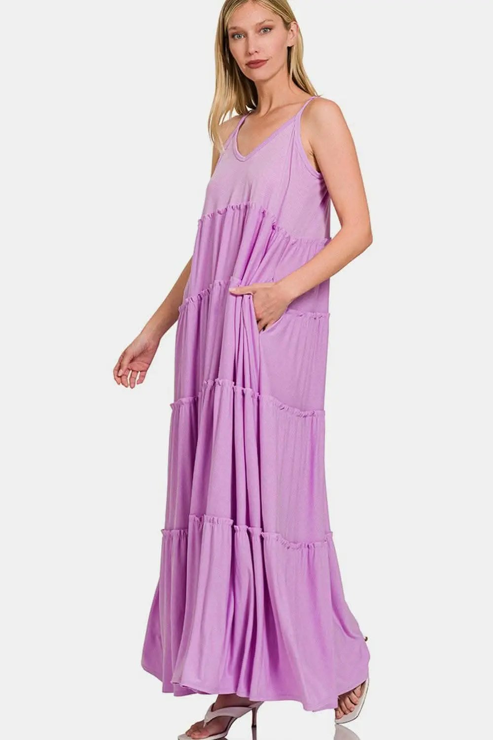 usa - Zenana Frill Tiered V-Neck Maxi Cami Dress